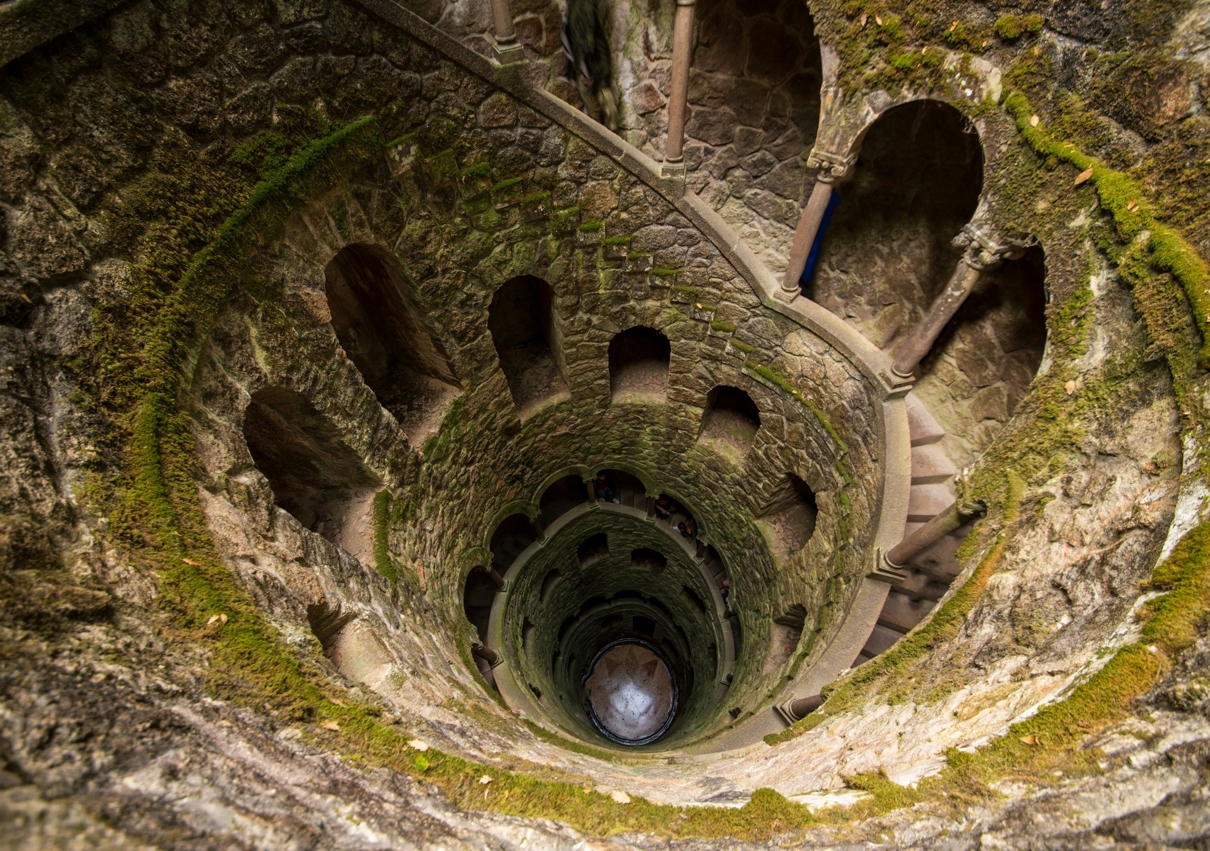 A view of an underground tower and its spiraling stairs