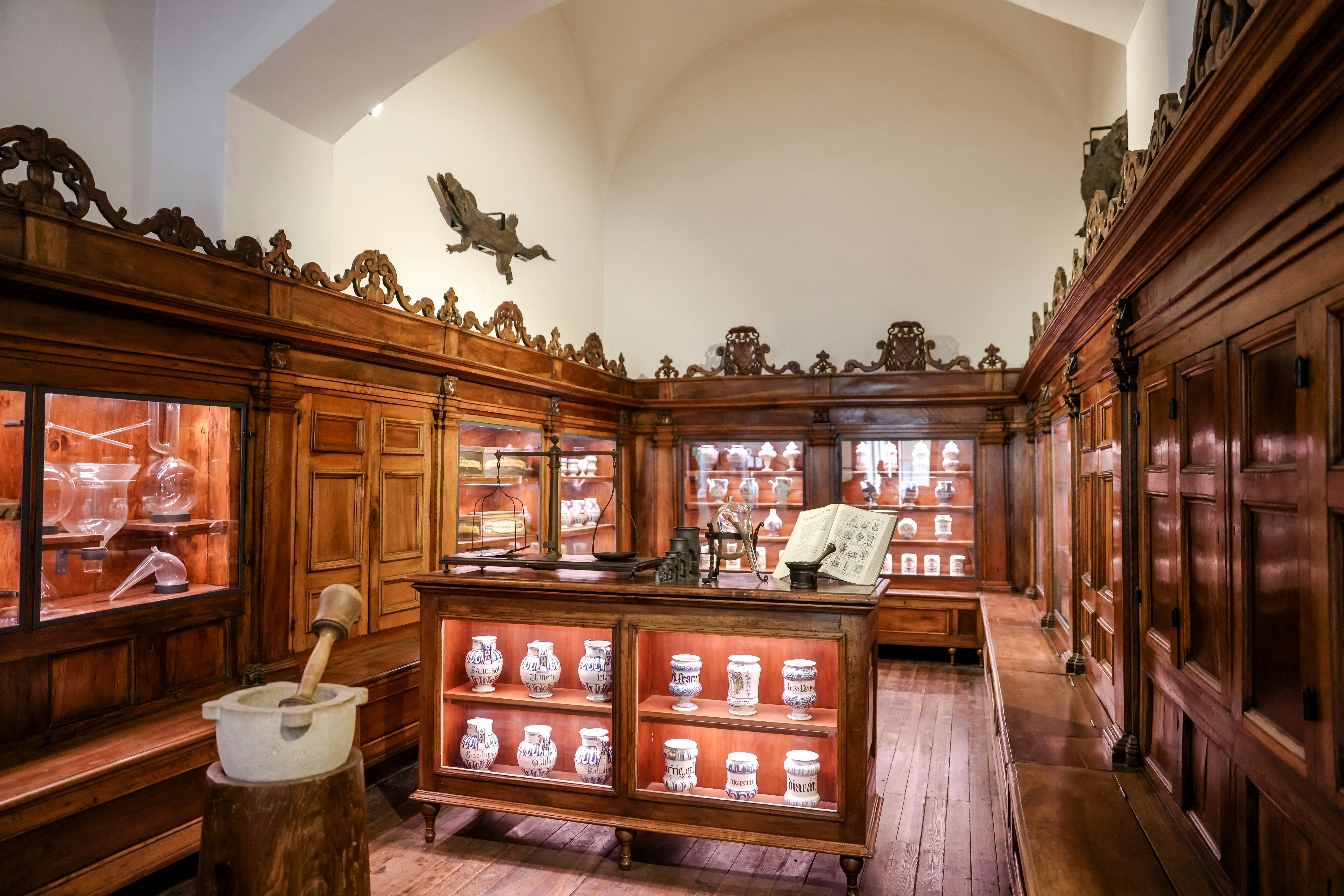 Museum displays in an old-fashioned apothecary.