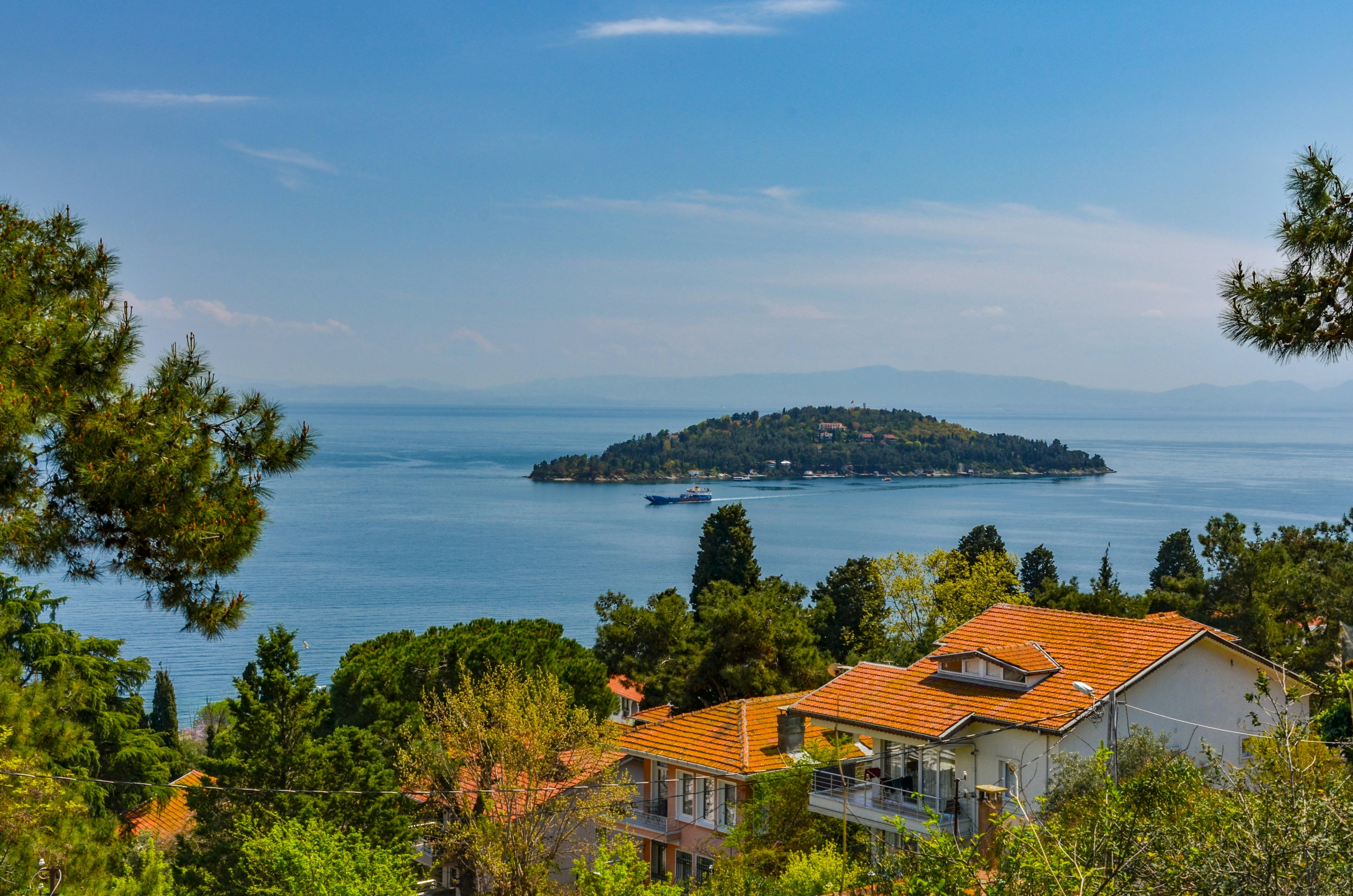 A ferry passes a small forest-covered island.