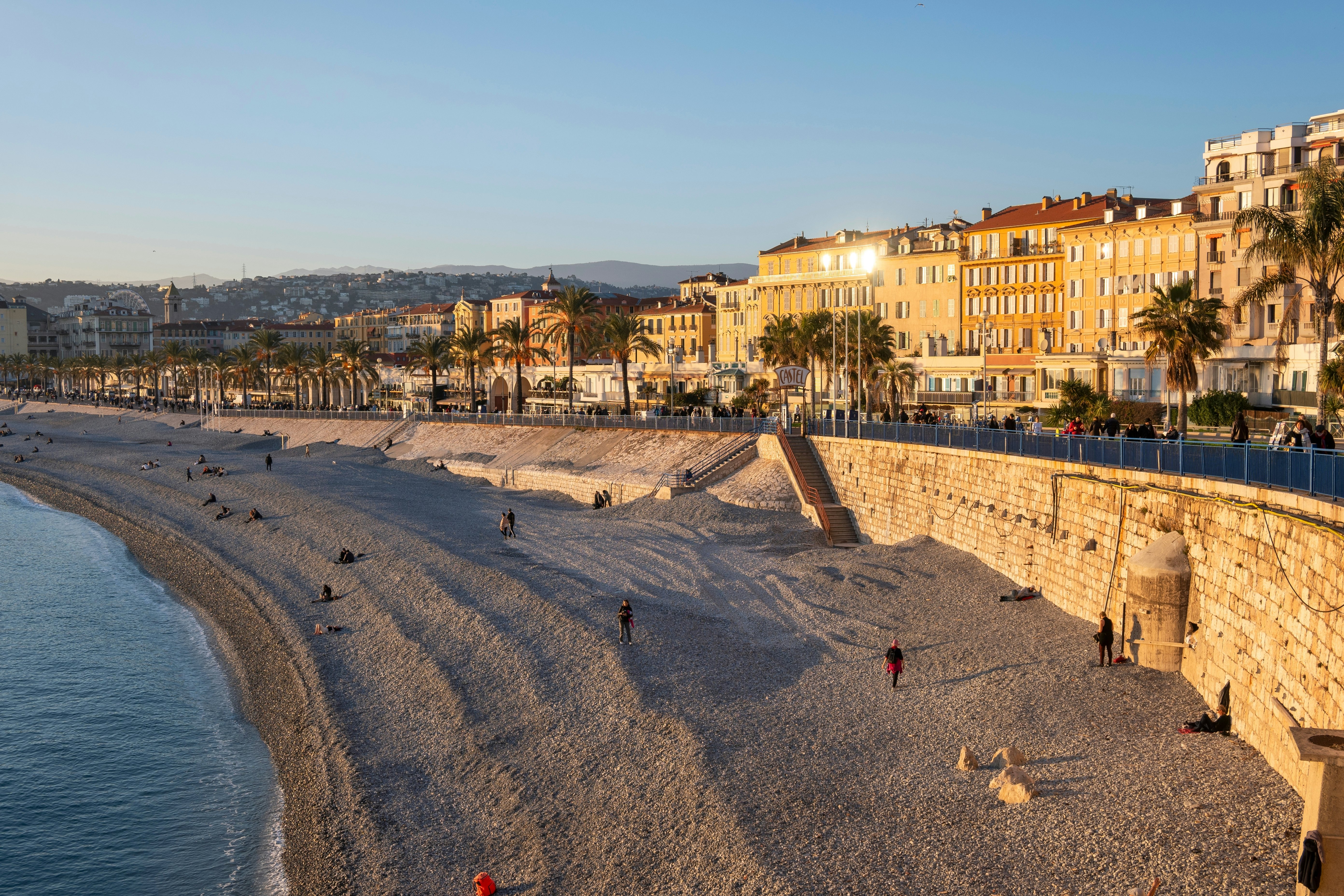 Sunset Panoramic view of Coastal street of city of Nice, Provence Alpes-Cote d'Azur, France