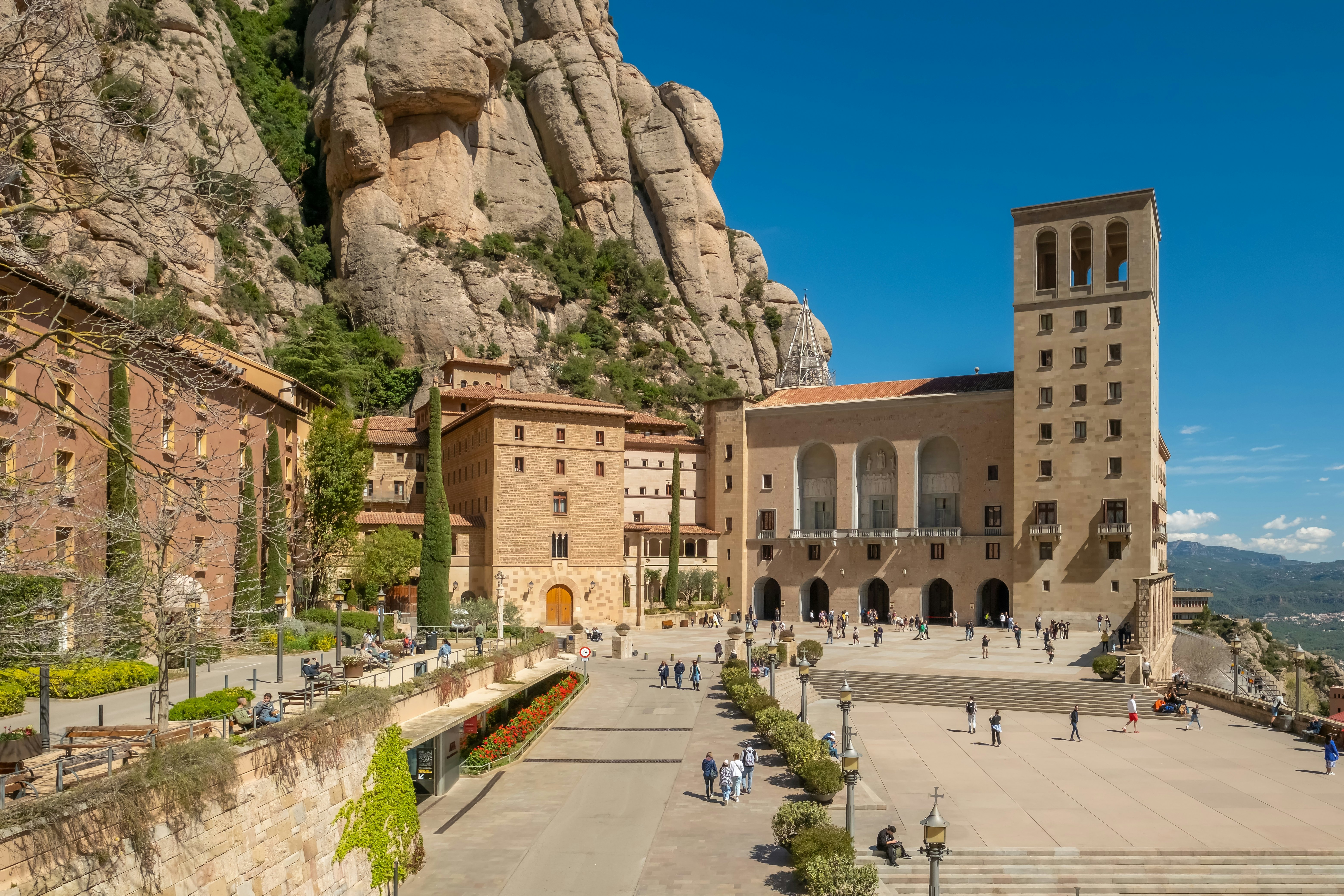 The monastery of Montserrat near Barcelona, with rocky cliffs above.