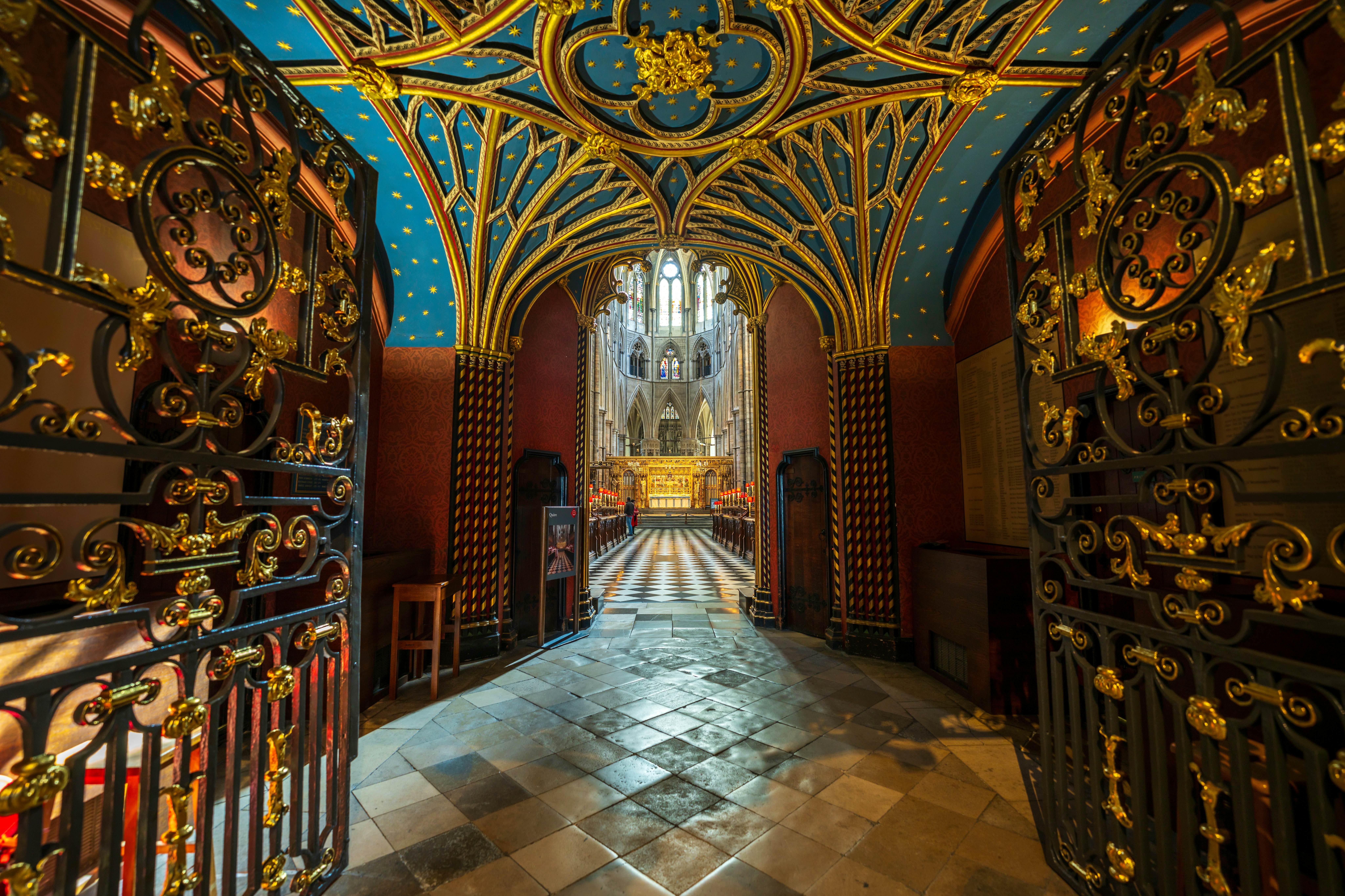 London, England, UK - Aug. 15, 2024. Inside Westminster Abbey the organ loft, the room just before entering the Choir and High Altar. A beautiful, colorful room with iron gates and decorative ceiling., License Type: media, Download Time: 2025-02-21T20:53:47.000Z, User: Ppeterson948, Editorial: true, purchase_order: 56530 - Guidebooks, job: Global Publishing WIP, client: Global Publishing WIP, other: Pia Peterson Haggarty