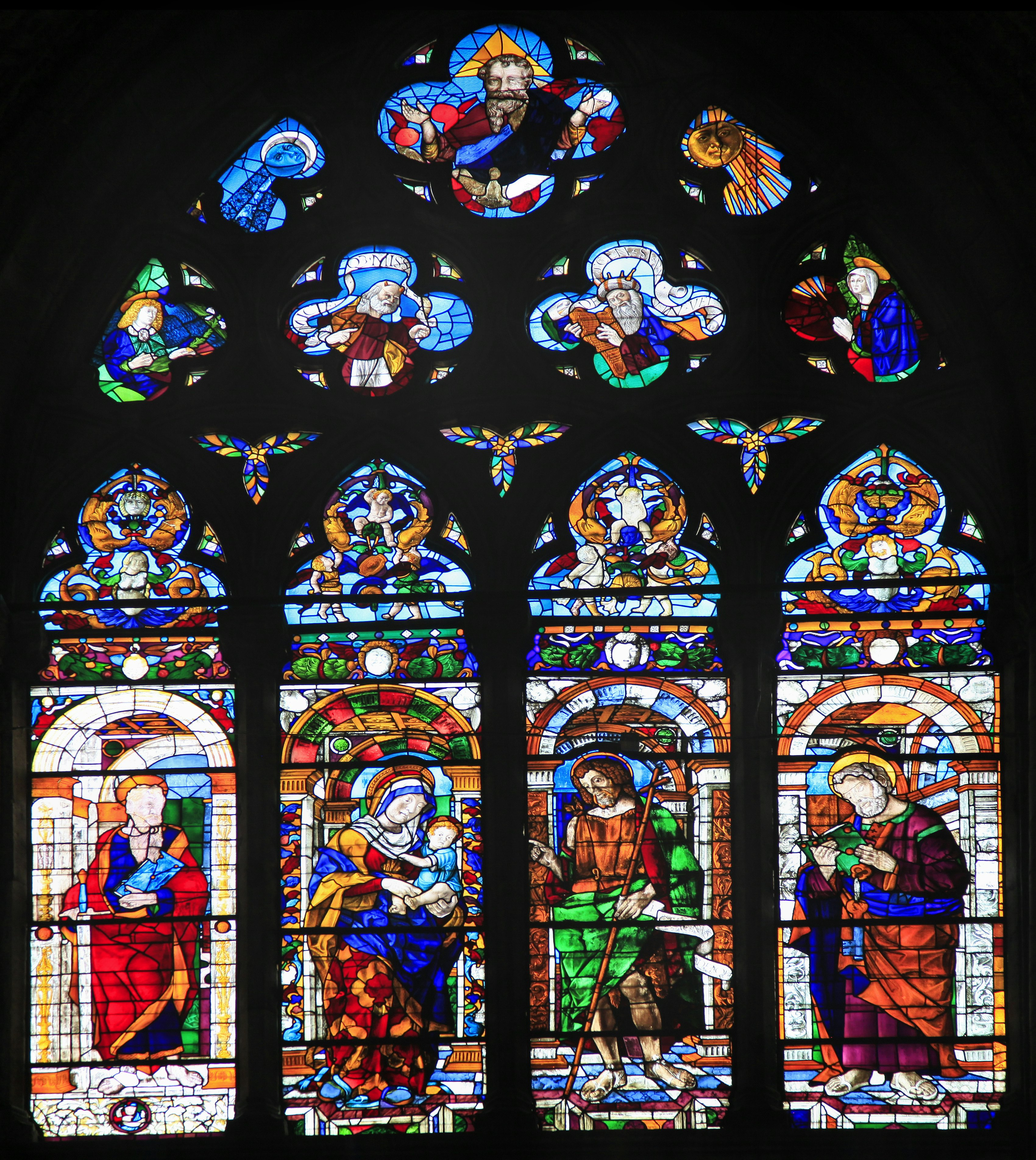 VENICE, ITALY: the largest stained glass window in all Venice crafted by 15th century Murano glass artists in Venice, crafted by 15th century Murano glass artists, San Zanipolo Church