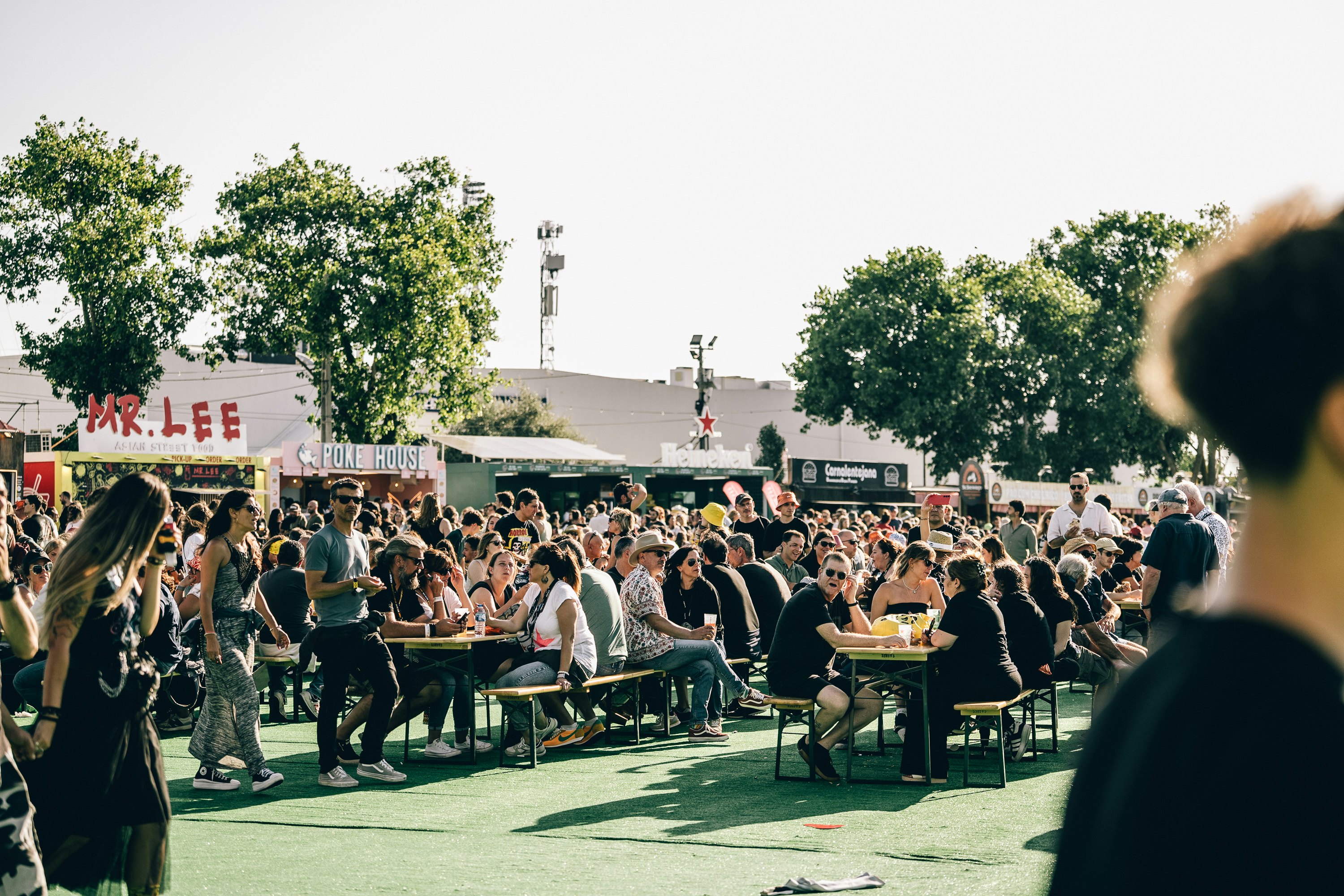 Food carts at NOS Alive festival and picnic tables at NOS Alive festival