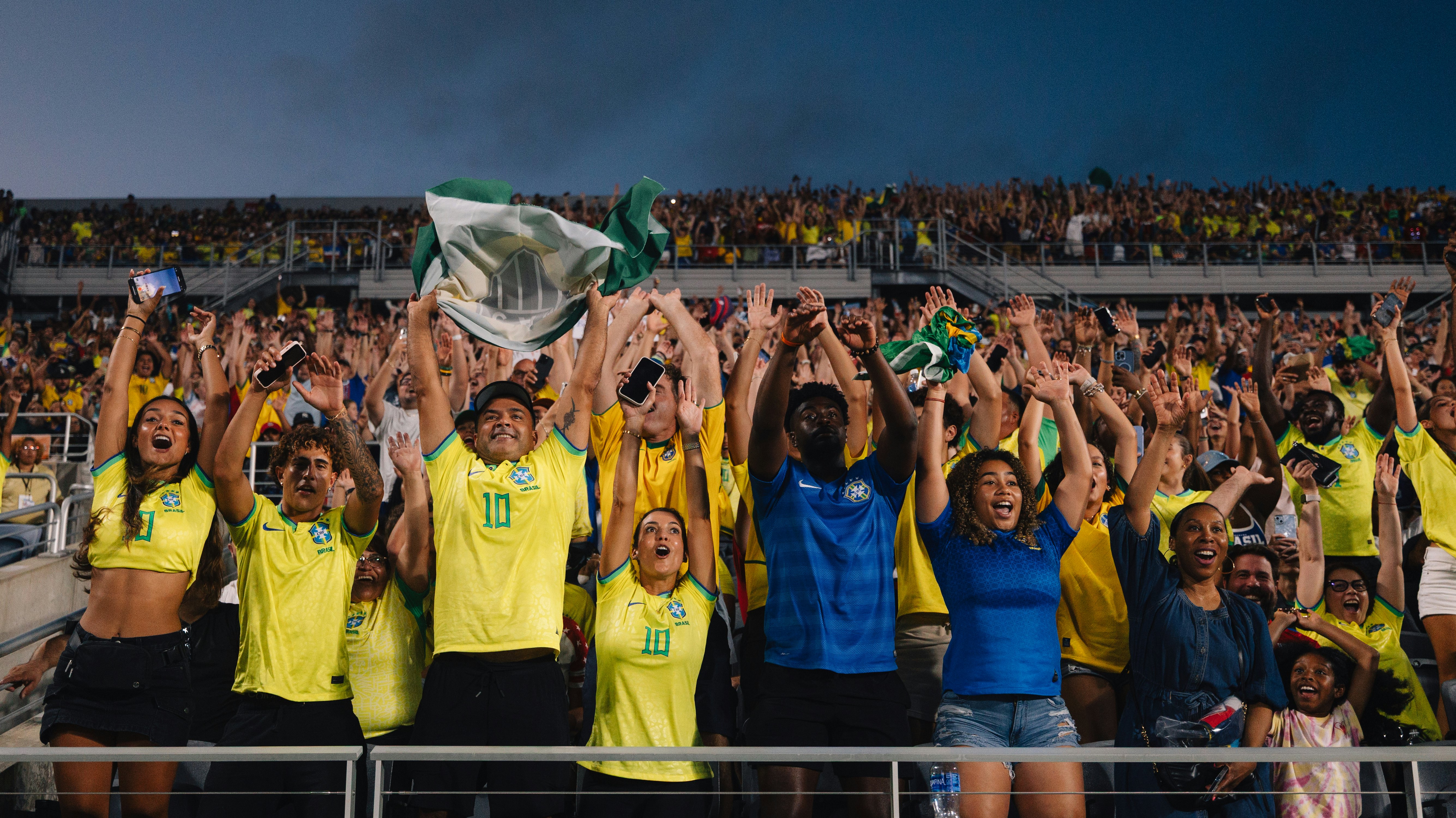 Fans cheer in the stands at a friendly match between the Brazil and United States men’s national teams in Orlando, Florida. Andrea Vilchez