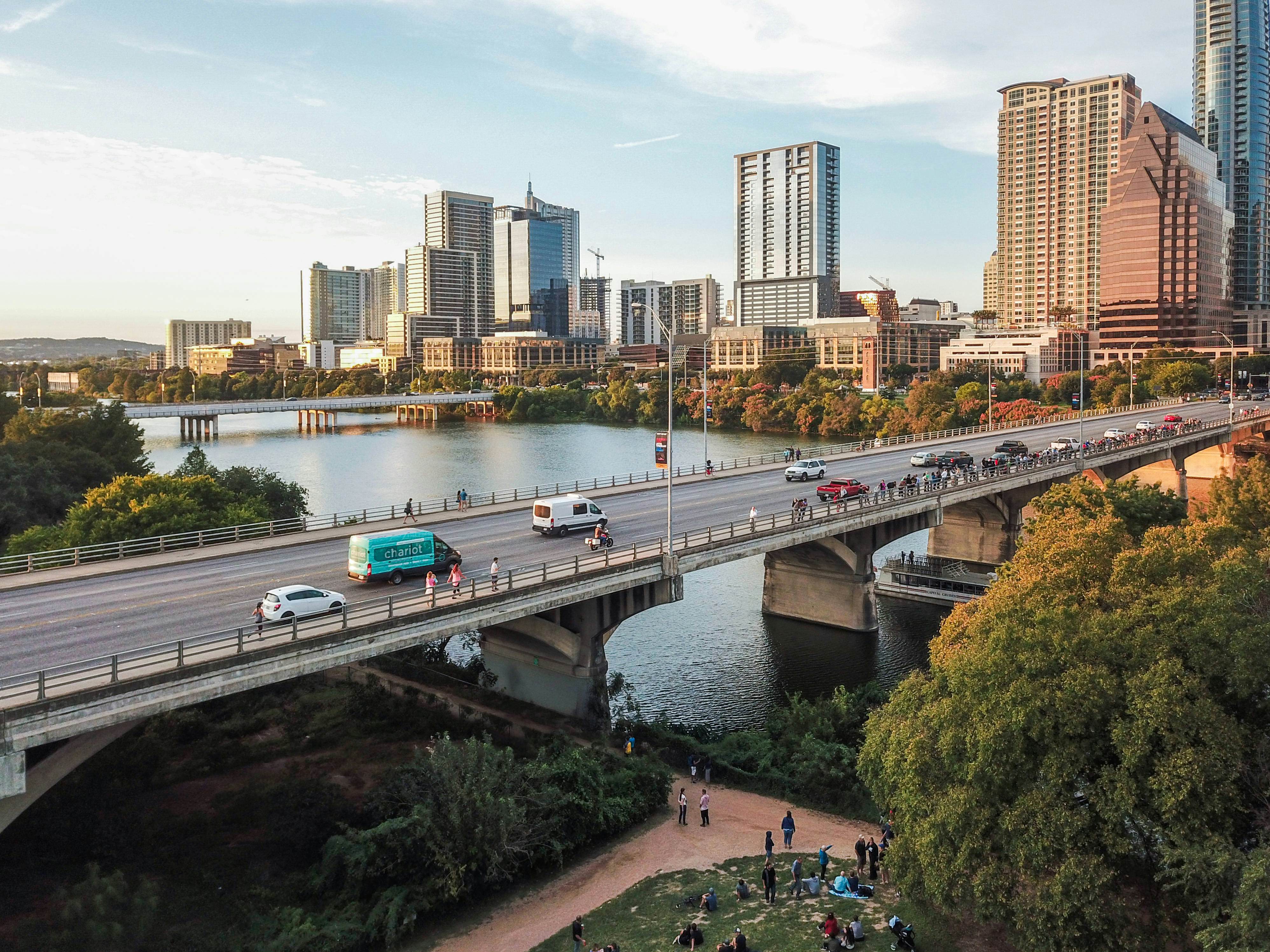 Aerial of Austin Texas from the Congress Avenue Bridge, next to the Statesmans Bat Observation Center.