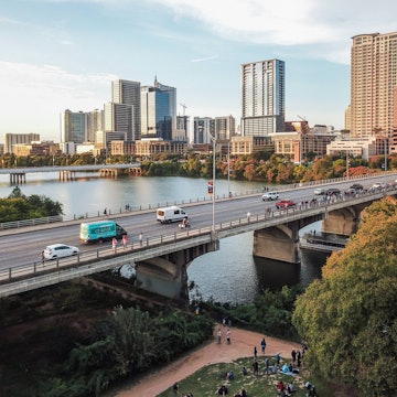 Aerial of Austin Texas from the Congress Avenue Bridge, next to the Statesmans Bat Observation Center.