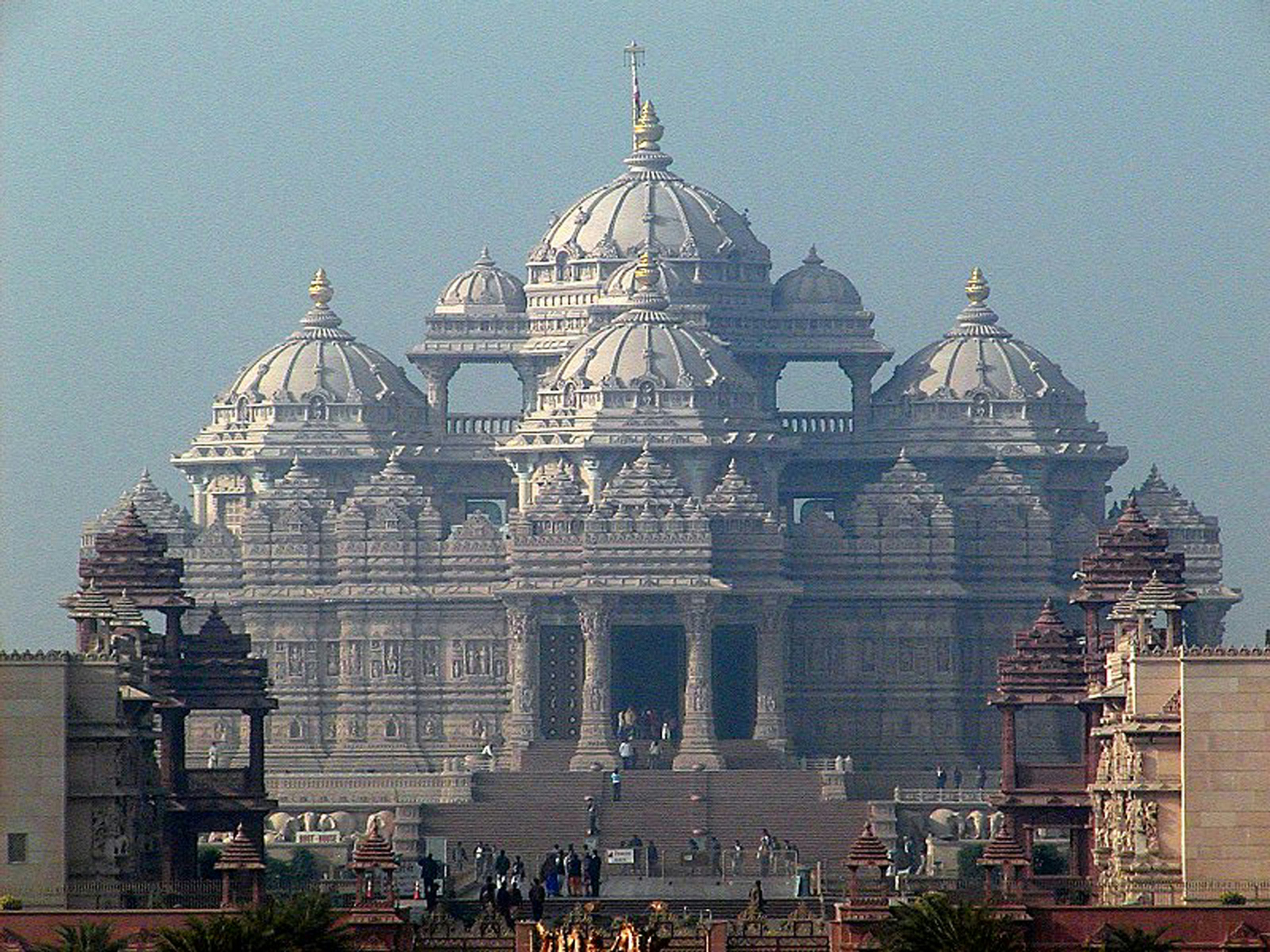 The towering domes and columns of the Akshardham Temple in Delhi, India.