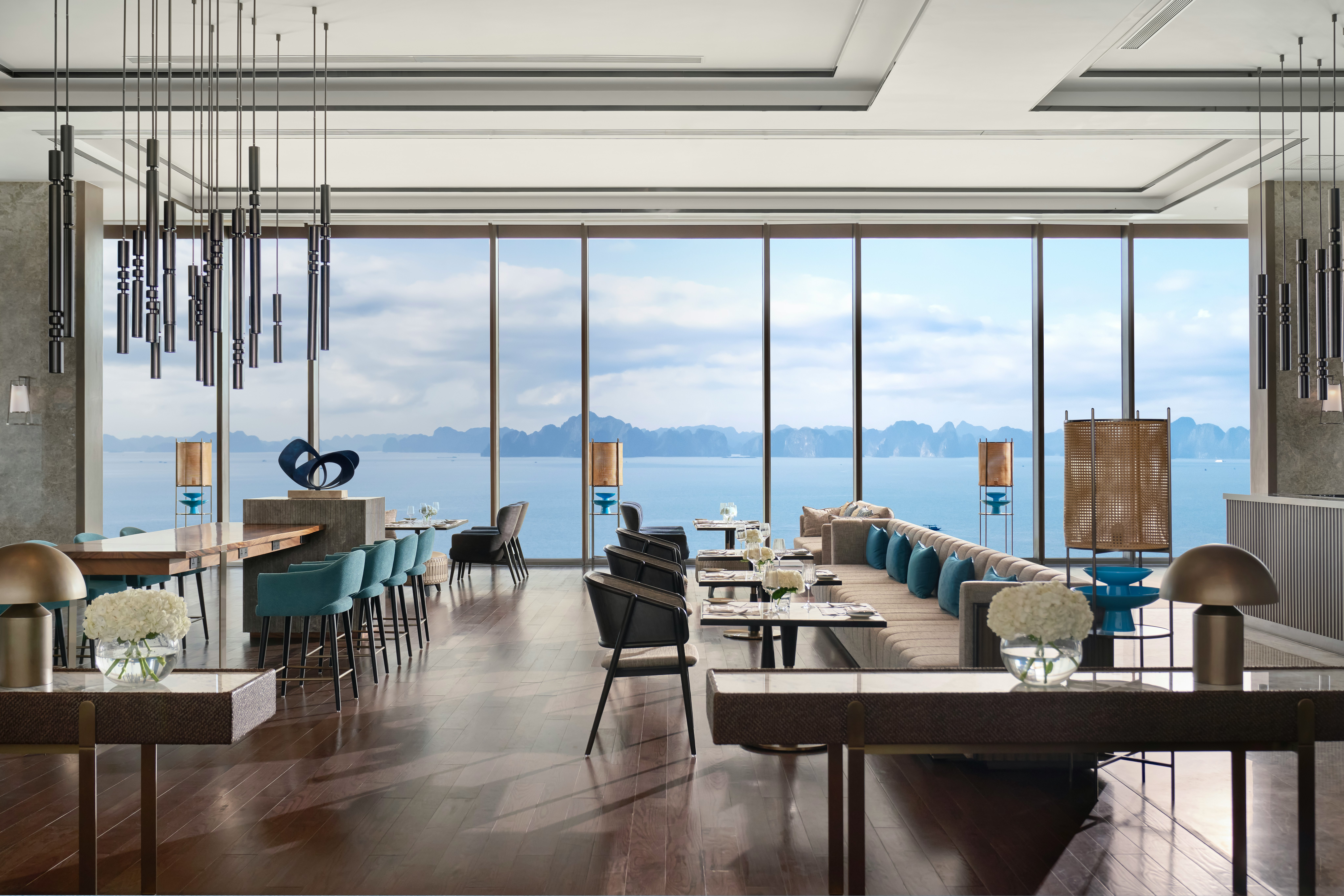 Views over Halong Bay from the club lounge at the InterContinental Halong Bay Resort, Halong City, Vietnam.