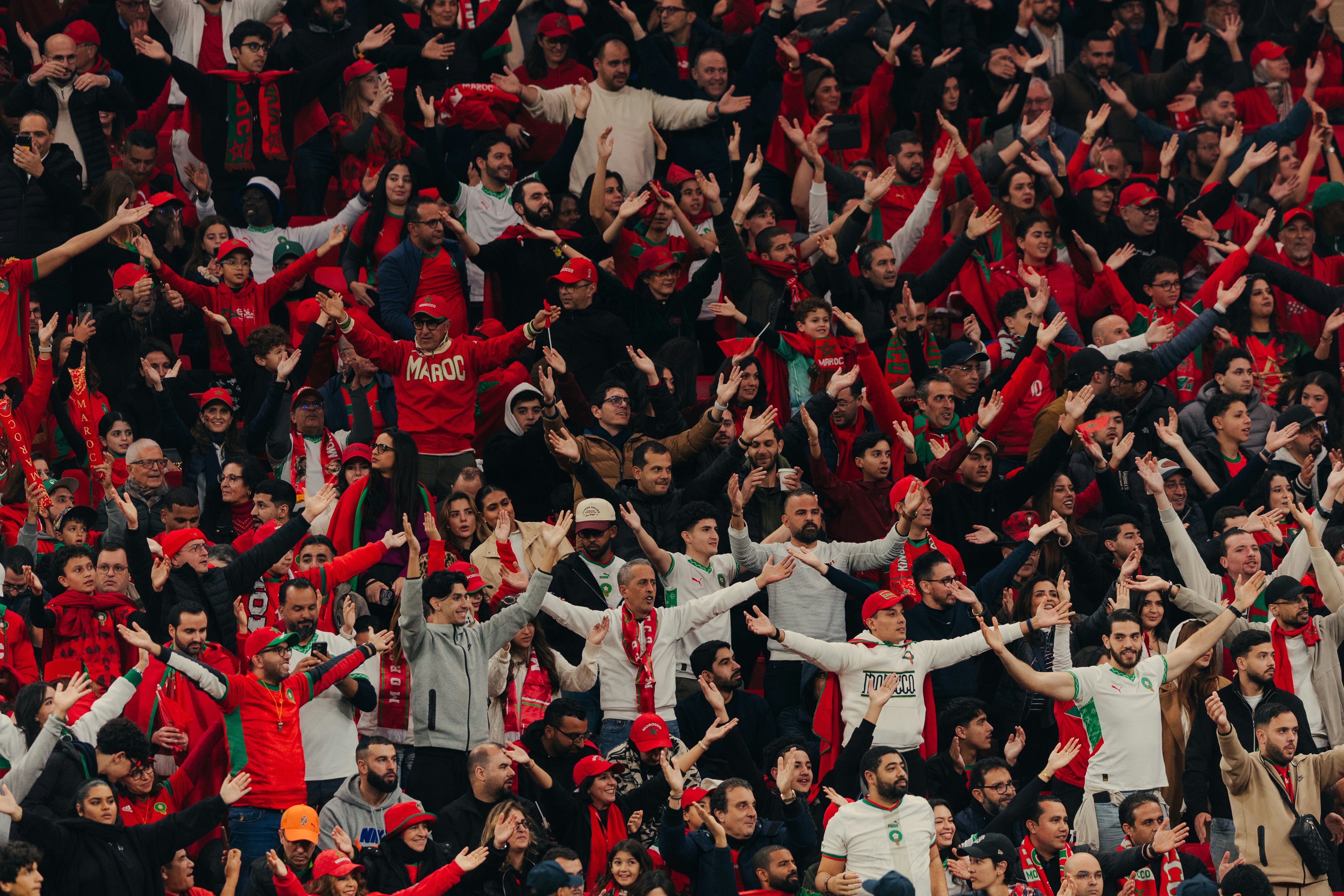 Moroccan fans cheer on their team at the 2024 Men’s Africa Cup of Nations semi-final match between Morocco and Nigeria.