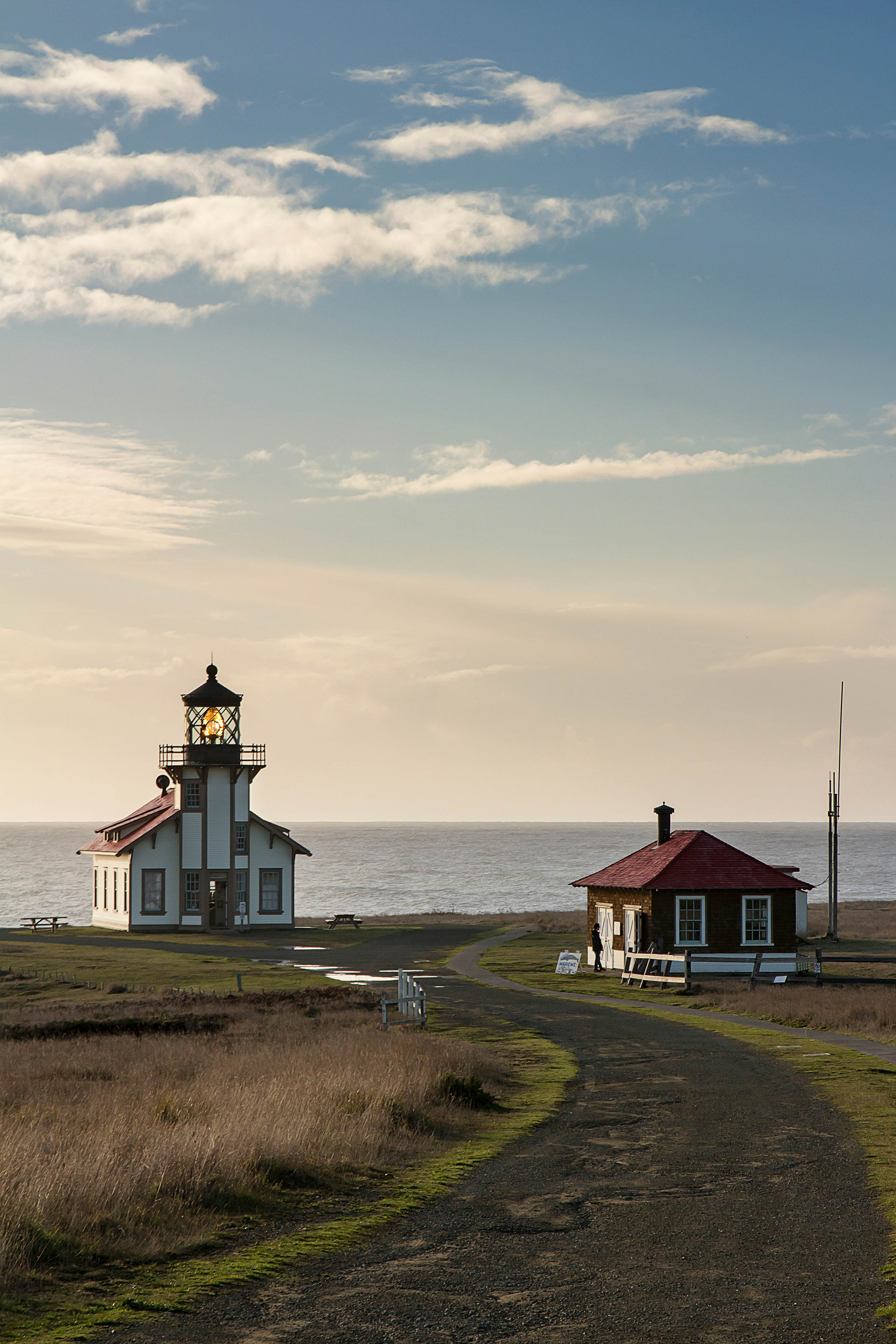 Point Cabrillo Light Station at sunset in Mendocino, California.