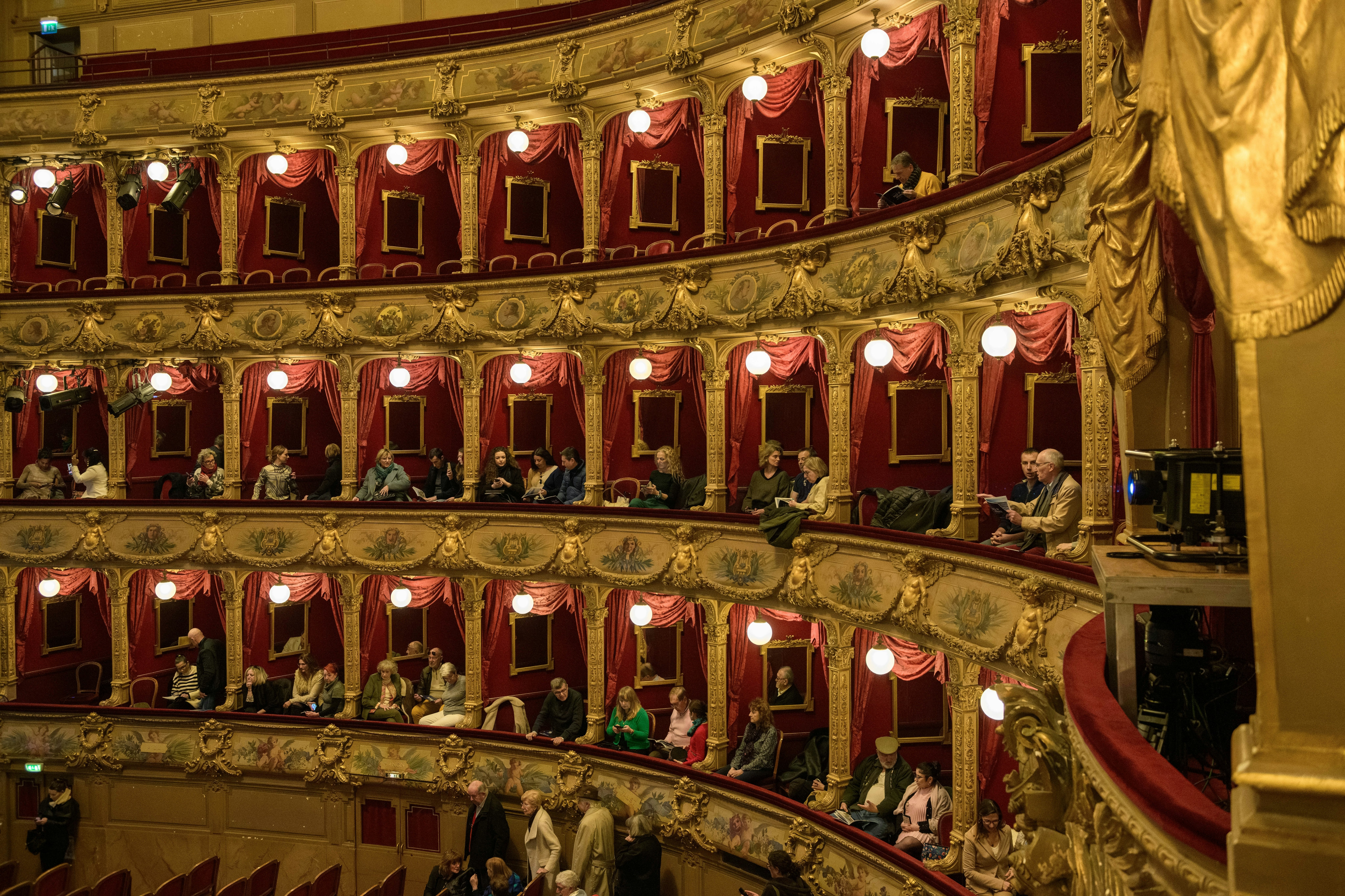 People sit in the auditorium of an opera house, in boxes with gilt, red velvet and elaborate ornamentation.
