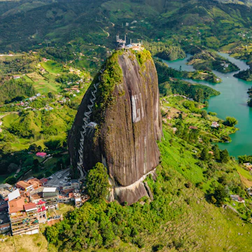 Aerial view from the Piedra del Peñol next to the Lake or reservoir in Guatape, Antioquia, Colombia, located near the city of Medellín, License Type: media, Download Time: 2026-01-04T10:10:40.000Z, User: heike.photo_lonelyplanet, Editorial: false, purchase_order: 56500 - T&R or Kids, job: Global Publishing-WIP, client: Secret Wonders of the World/1, other: Heike Bohnstengel