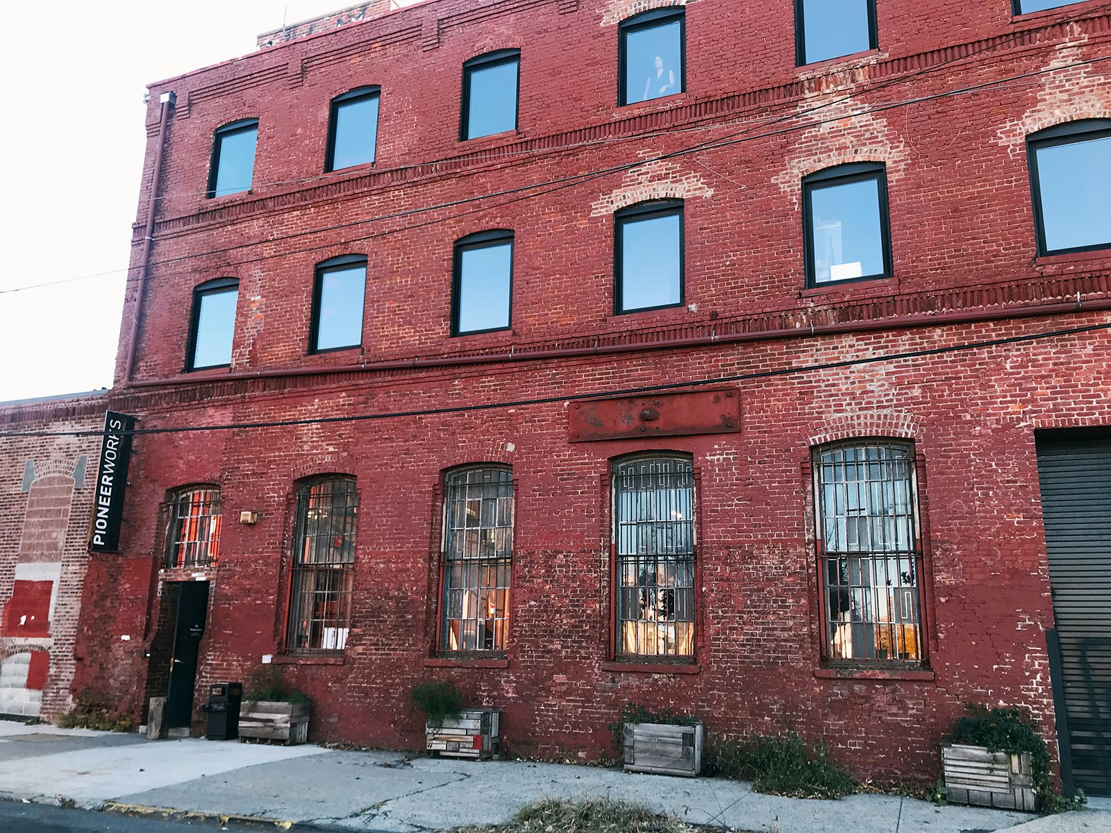 close up of 19th century red brick three-story building event space in Red Hook Brooklyn