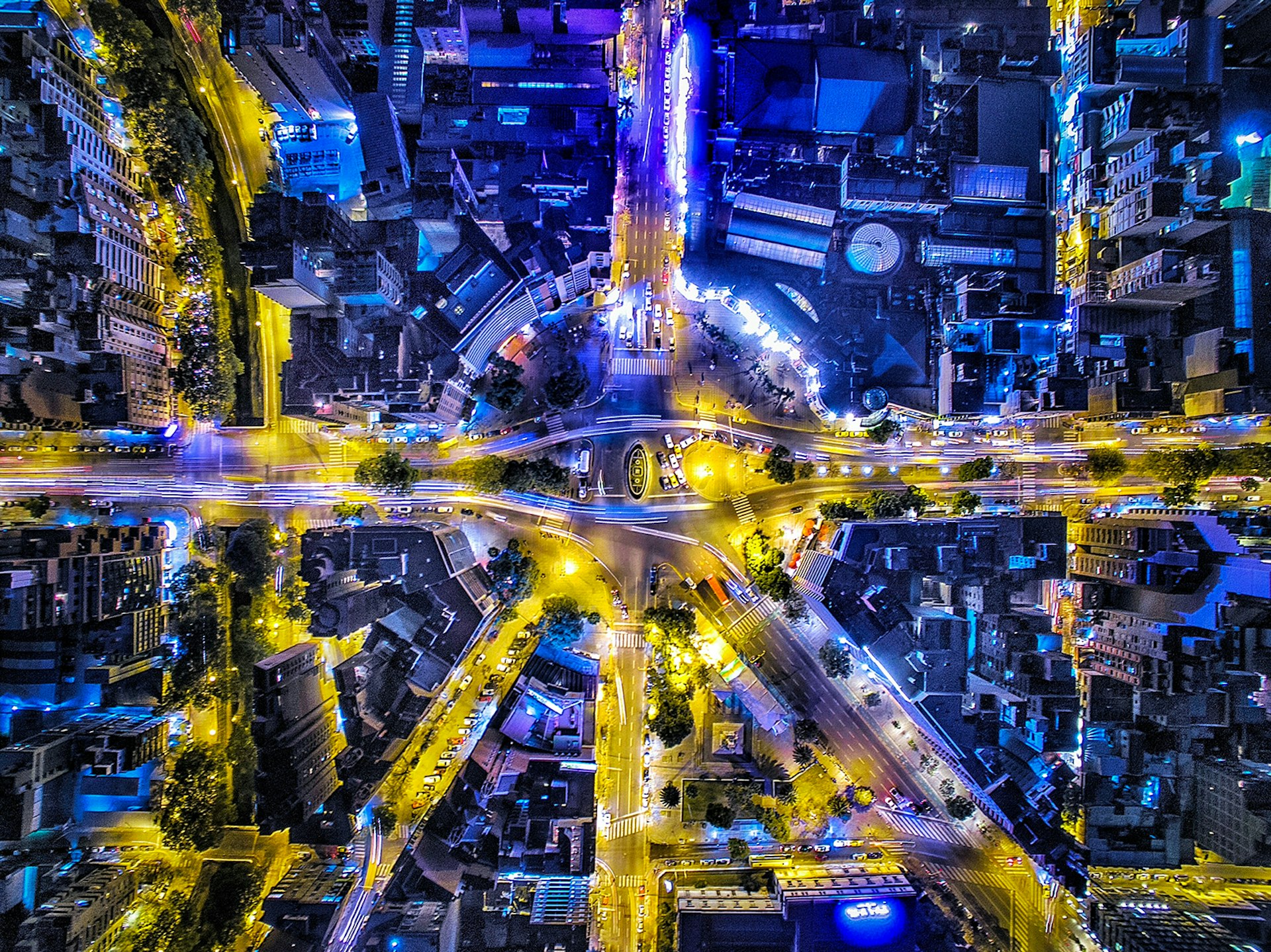 An overhead view of Córdoba's streets at night, Argentina