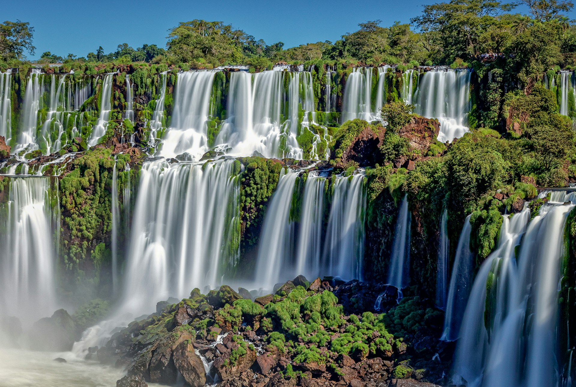 A picture of the two-tiered Iguazú Falls on the Argentina side 