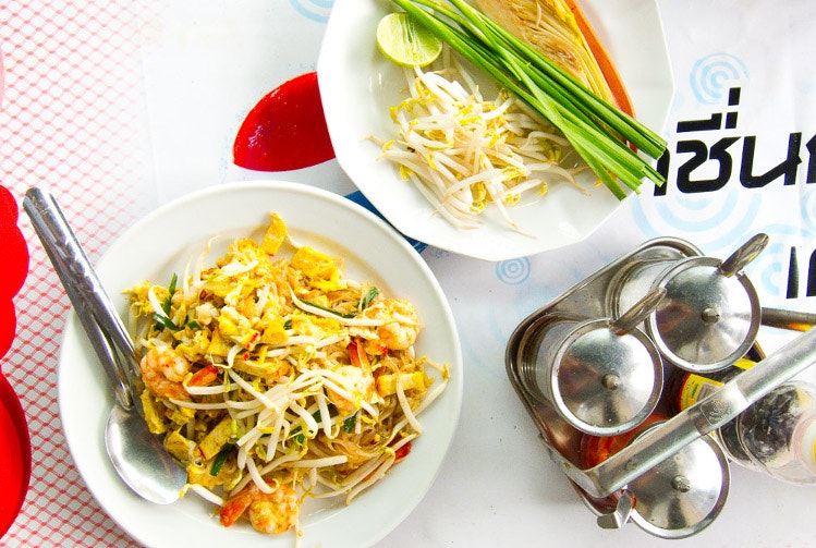 A dish of pat tai with fresh shrimp as served at Pat Tai Soi 2, Bangkok. Image by Austin Bush