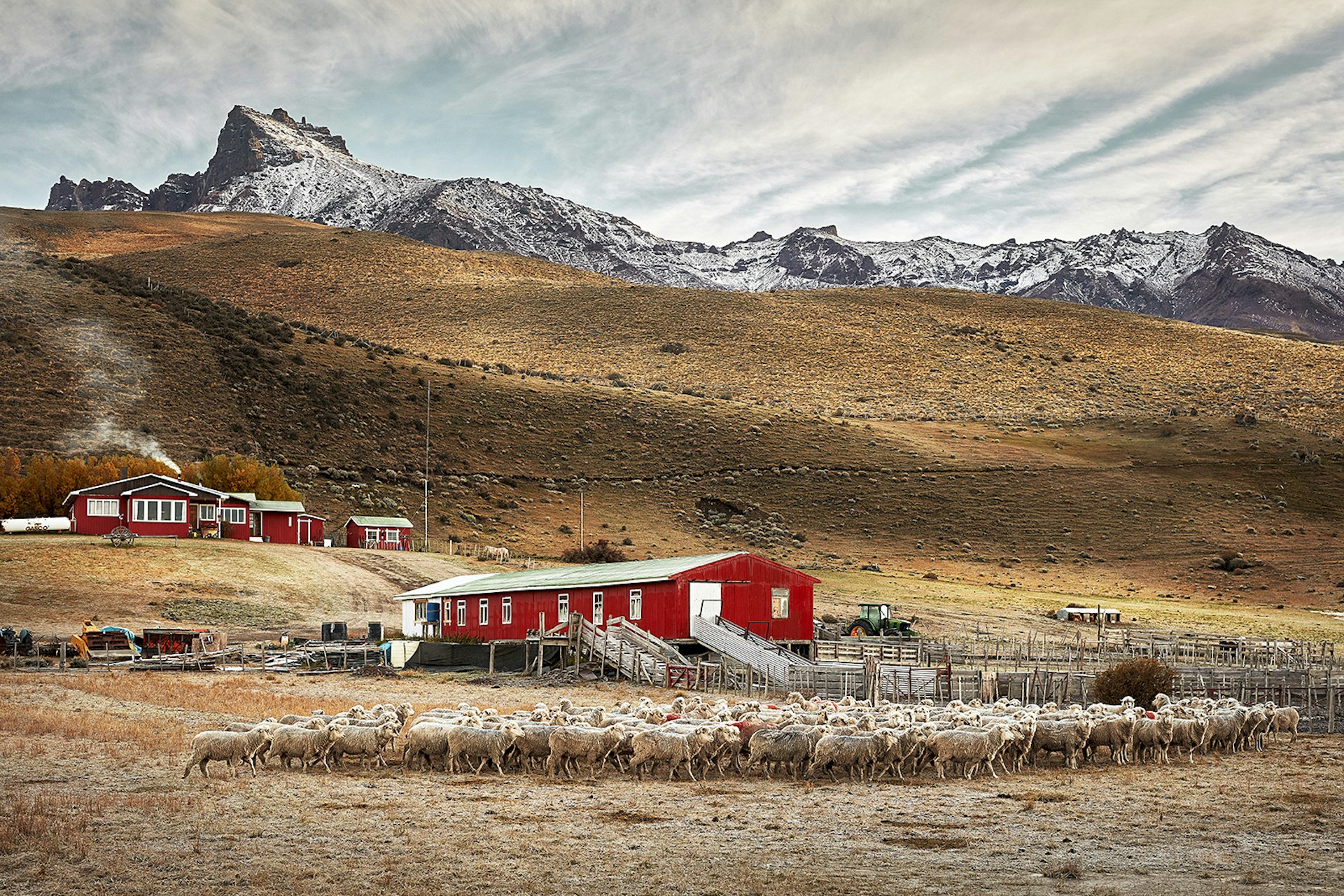 Two red buildings sit on grasslands at the food of the mountains in Patagonia. Sheep cluster in the foreground. 