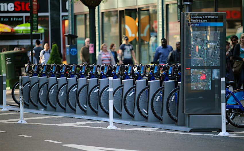 Features - citi-bike-stand A full stand of Citi Bike cycles. Image by Vetatur / CC BY-SA 2.0