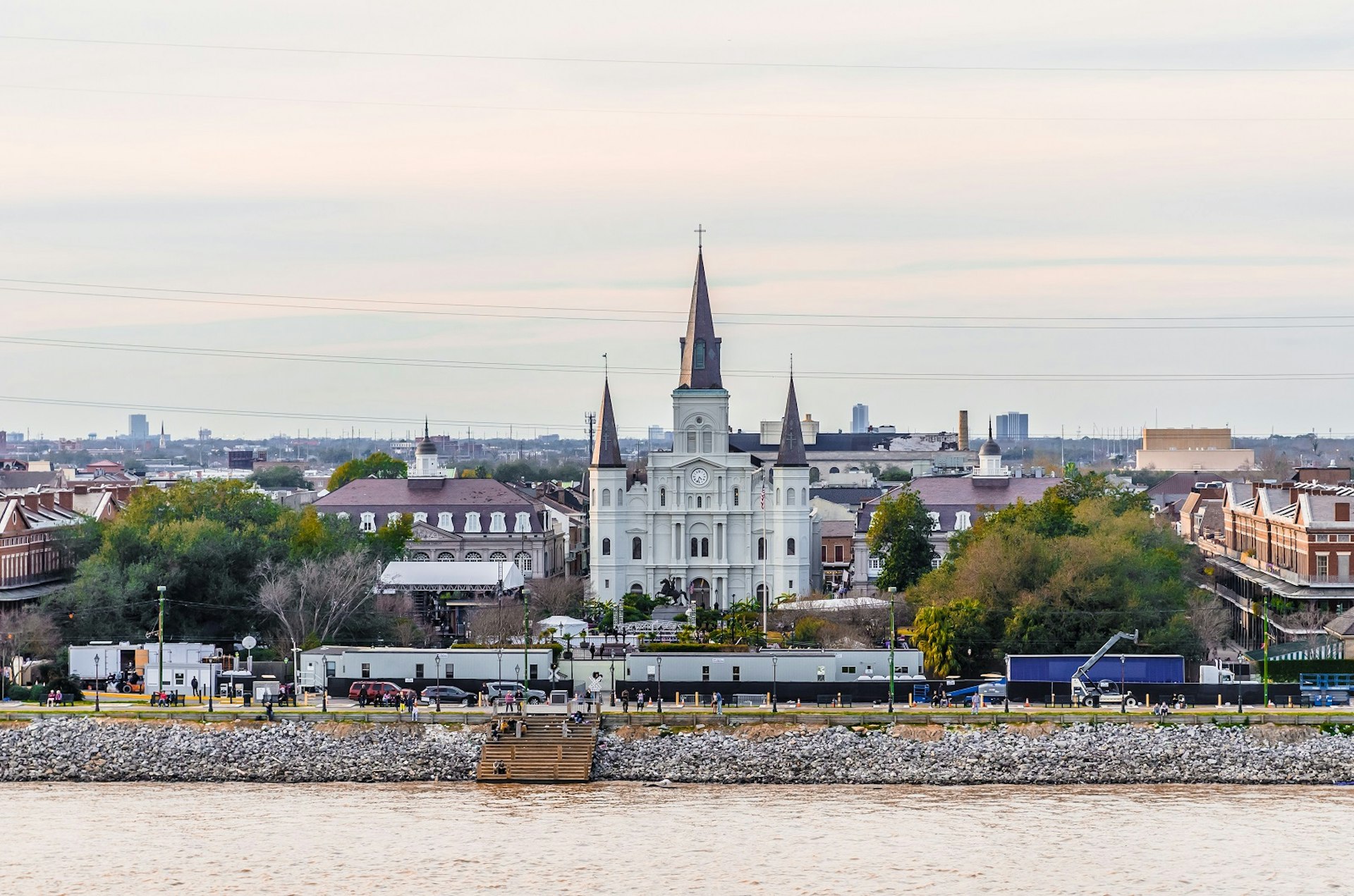 High angle view of St. Louis Cathedral and Jackson Square in French Quarter, New Orleans, LA, USA