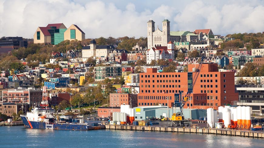 Colorful buildings mark the shore of St. John's Harbour in Newfoundland, Canada on a sunny day.