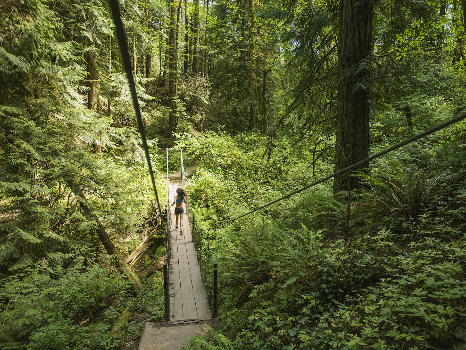 Features - USA, Oregon, Portland, Rear view of young woman jogging in forest