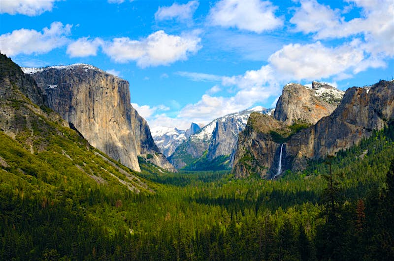Features - Yosemite Valley View Sheer granite cliffs tower over a valley of evergreen trees as a tall waterfall cascades on the right