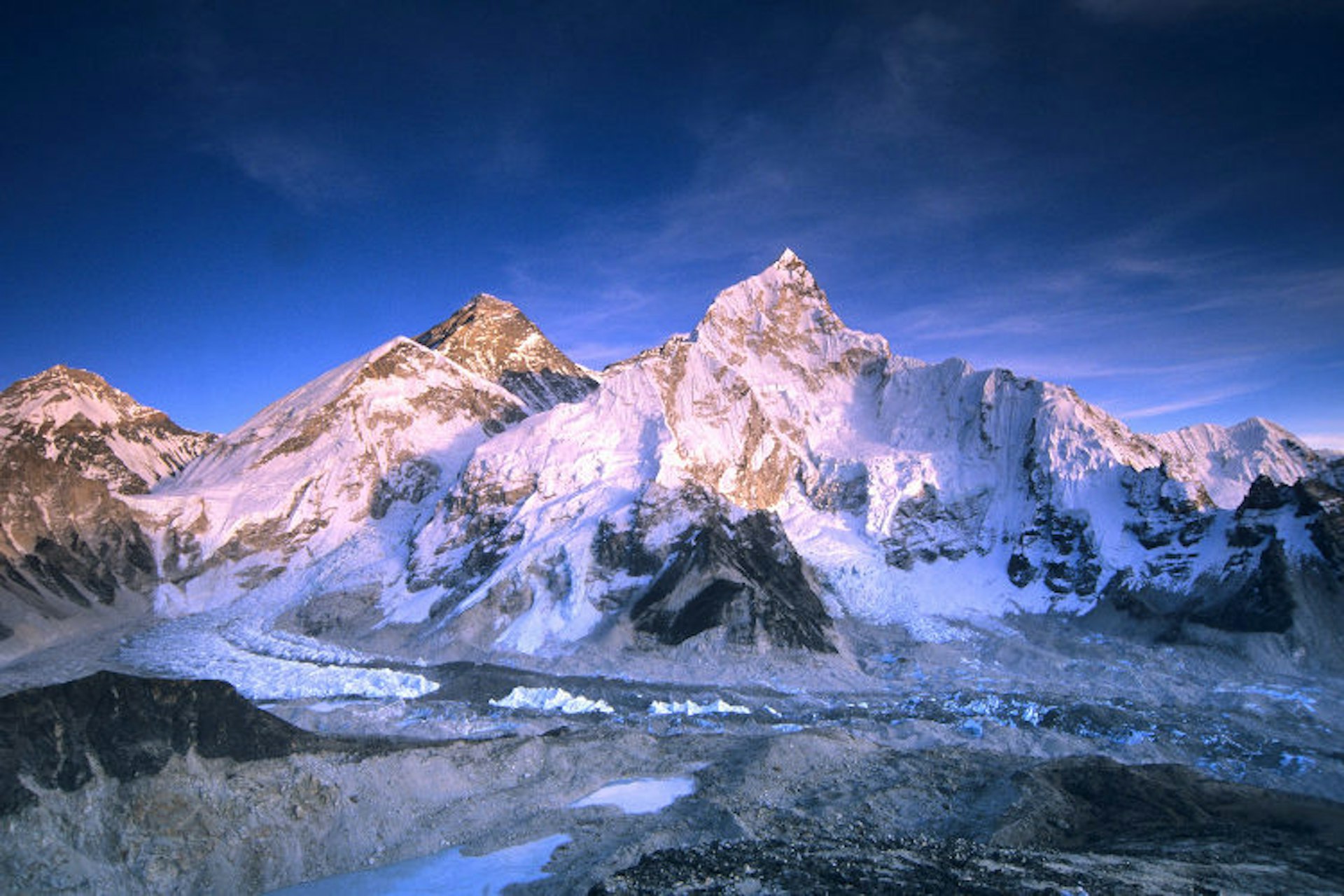 Mount Everest and the Khumbu Glacier in Sagarmatha National Park. Image by Dan Rafla / Getty Images. 