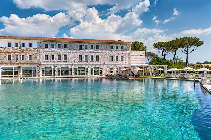 The outdoor swimming pool of the luxury Terme di Saturnia complex in Tuscany 