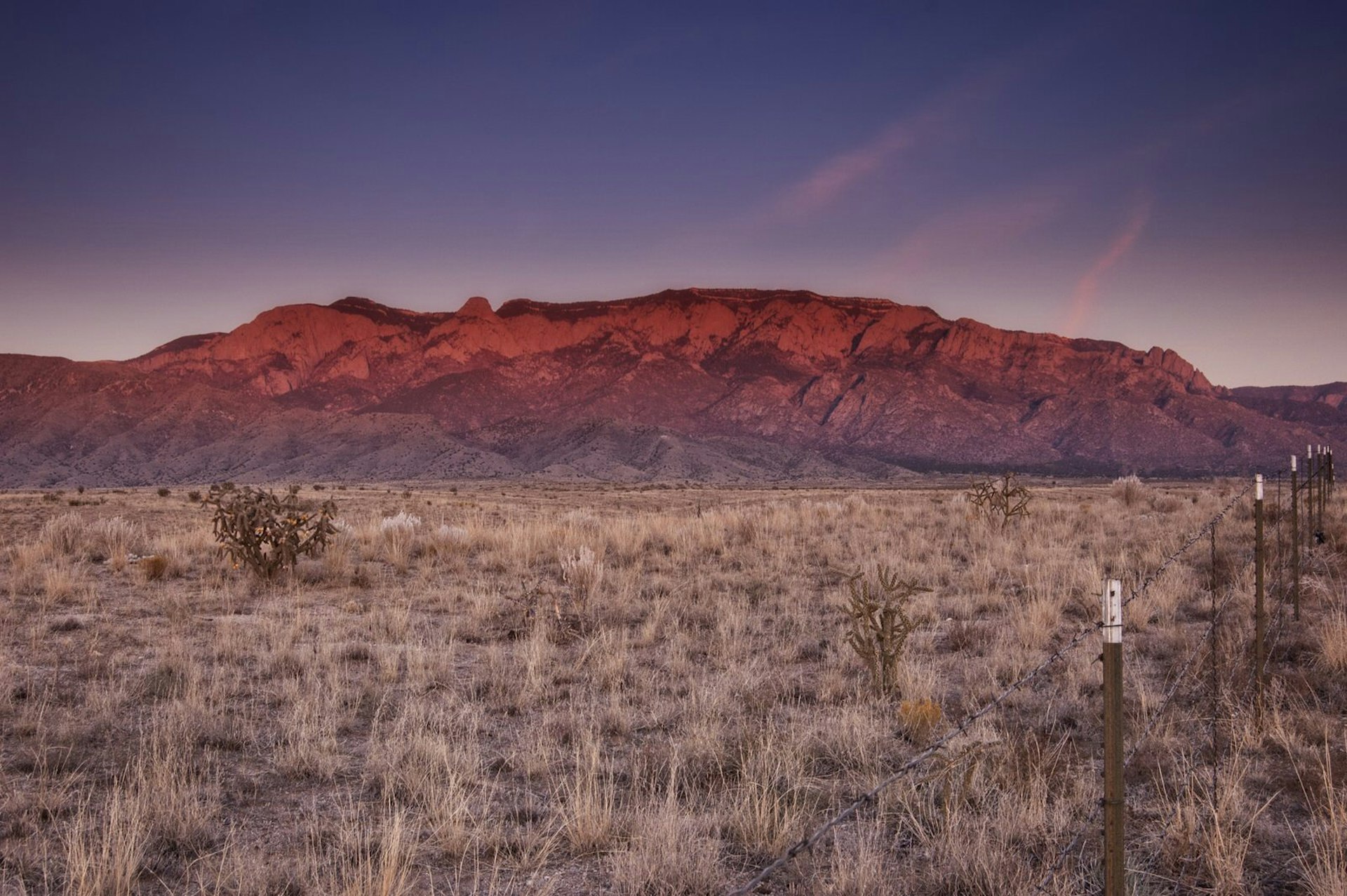 The Sandia Mountains at sunset, Albuquerque, New Mexico. The land is covered in shrubs while the mountains, tinted red by the sunset, stand imposing in the background
