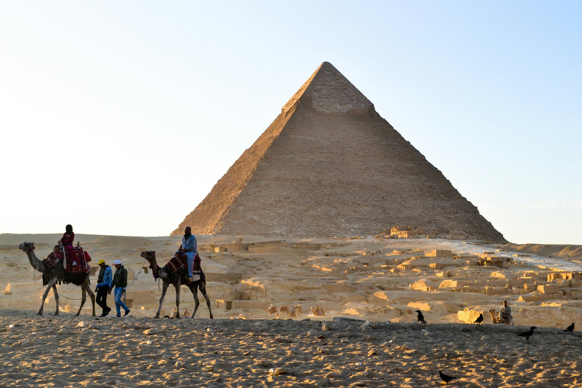 Riders on camels in front of the Pyramids of Giza. Image by Veronika Kovalenko / Shutterstock