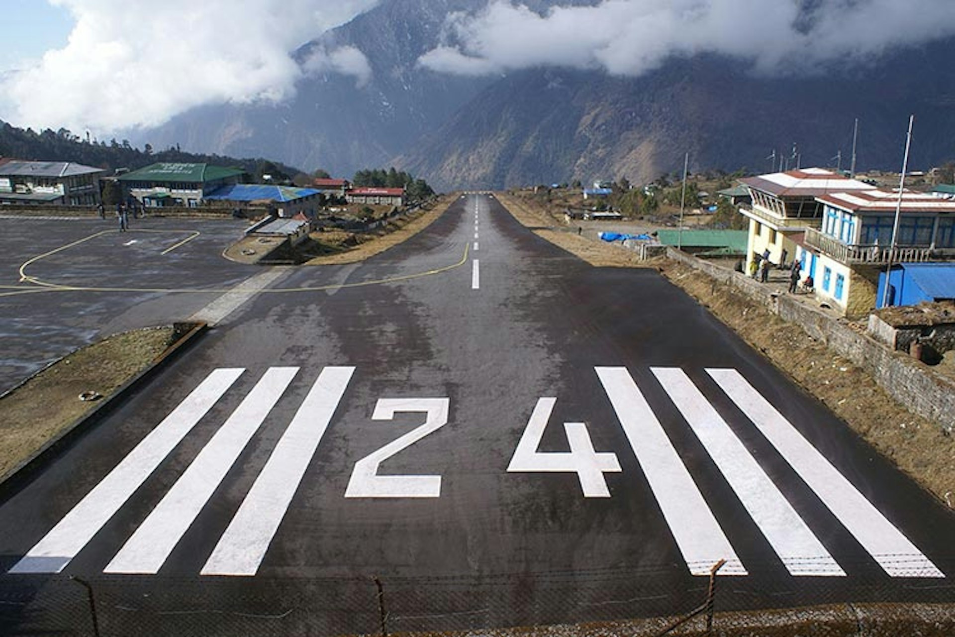 The daunting sight confronting pilots preparing to take off from Tenzing-Hillary Airport, Nepal. Image from Wikimedia Commons.