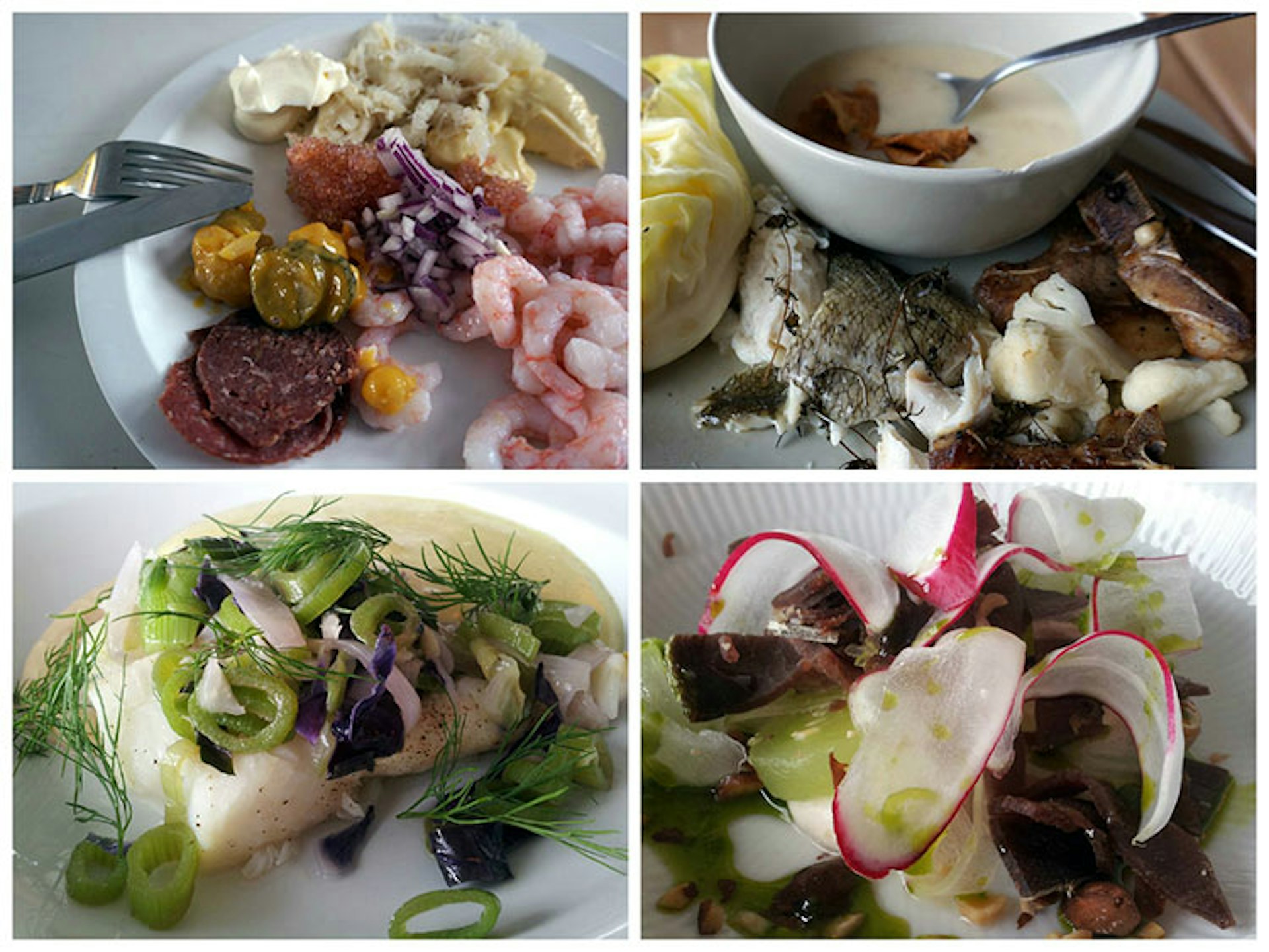 Four images showing plates of seafood, shrimp, soups, dried muskox meat and fish decorated with onion and angelica root.