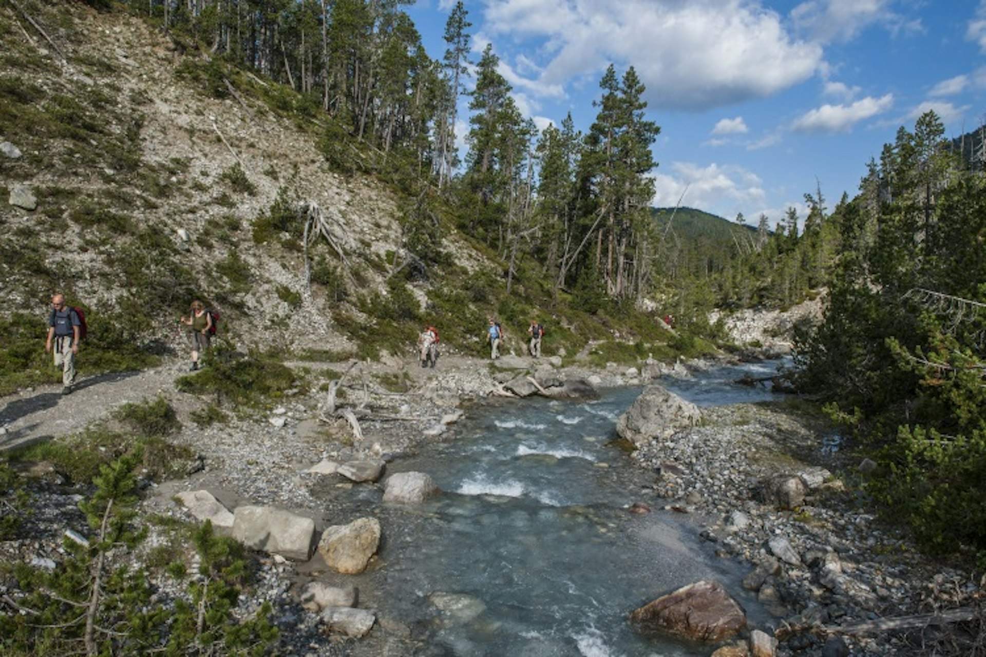 Hiking along a stream in the Fourn. Image courtesy of the Swiss National Park.