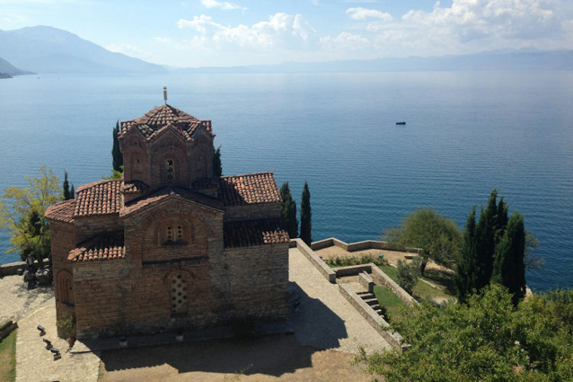 Views over Lake Ohrid from Sveti Jovan at Kaneo church. Image by Brana Vladisavljevic / Lonely Planet