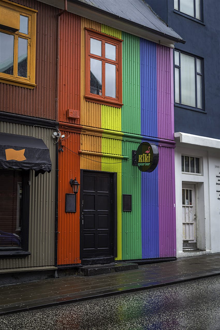 Reykjavik A gay bar in Reykjavik with a corrugated metal frontage painted in vertical rainbow stripes.