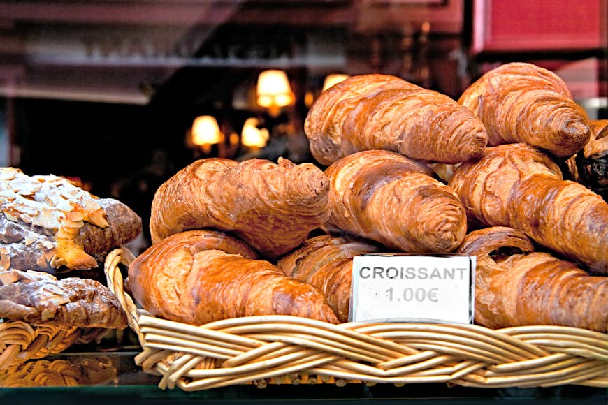A basket of croissants for sale in the Latin Quarter, Paris