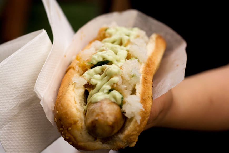 A hotdog from Japadog. Image by Shinsuke Ikegame / CC BY 2.0