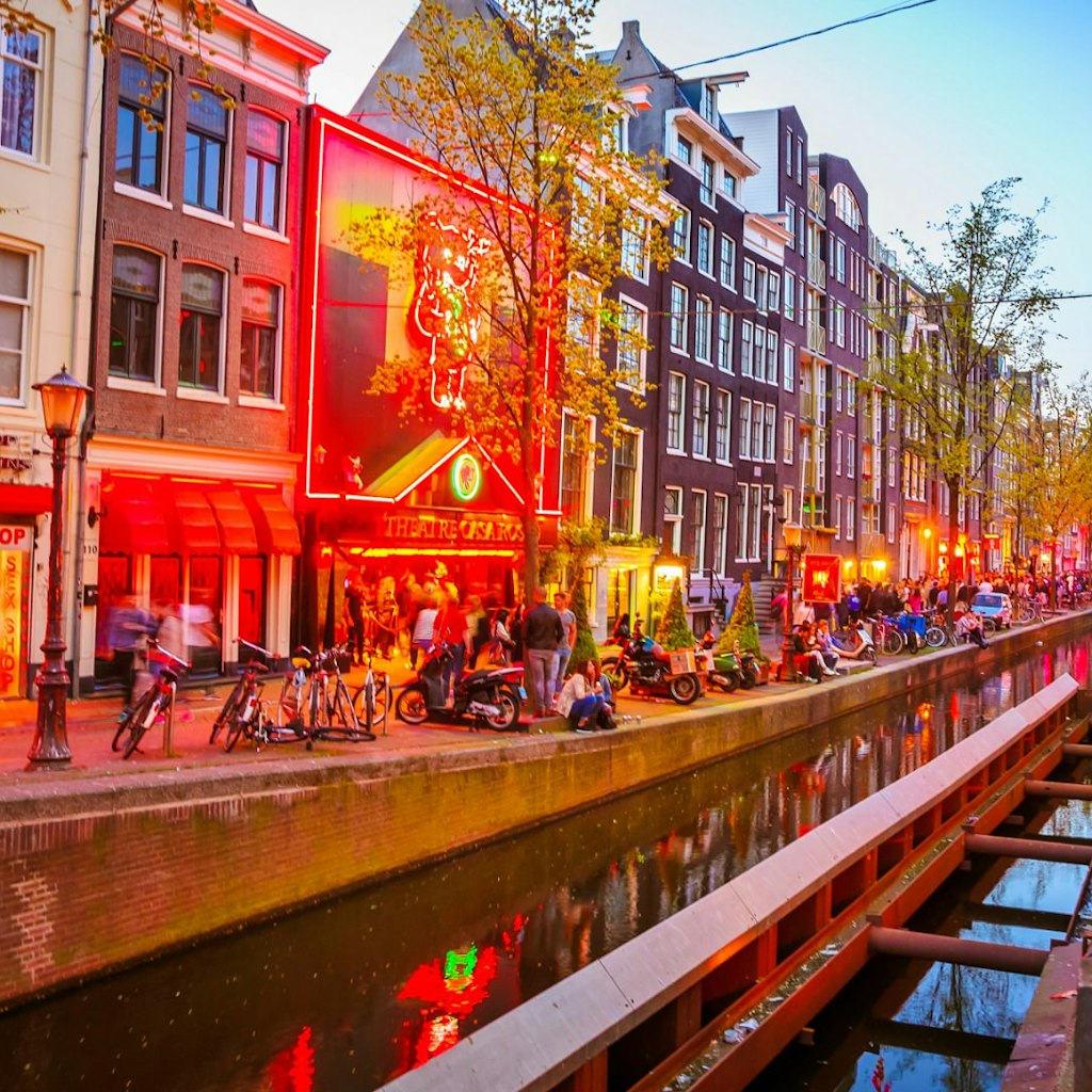 A canal-side shot of Amsterdam's Red Light District