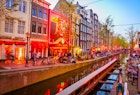 A canal-side shot of Amsterdam's Red Light District