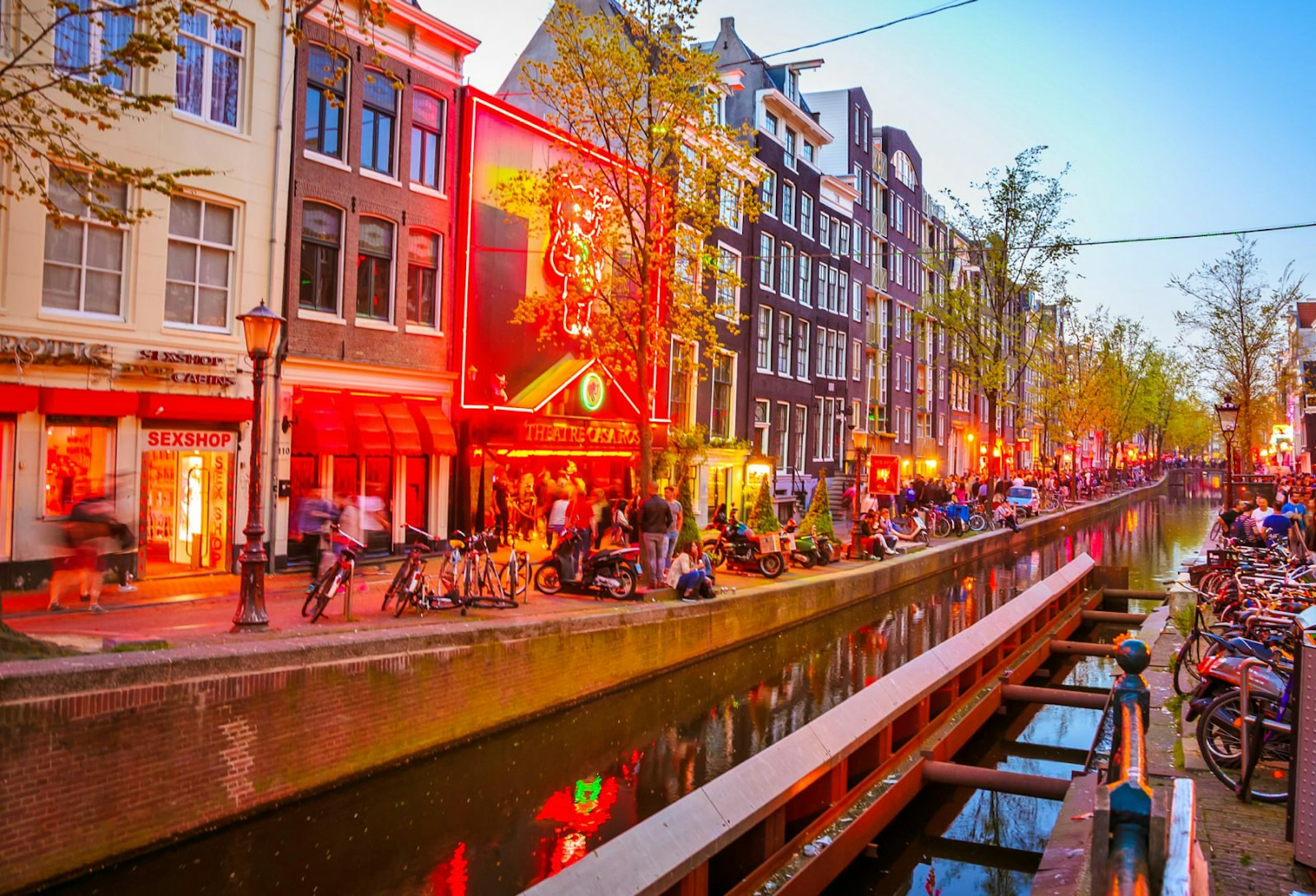 A canal-side shot of Amsterdam's Red Light District