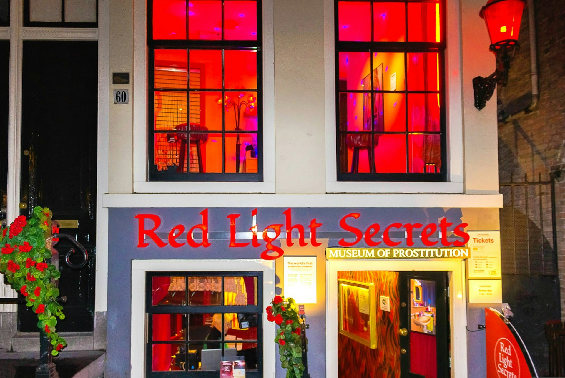 An exterior shot of the Red Light Secrets Museum of Prostitution in the centre of Amsterdam, The Netherlands