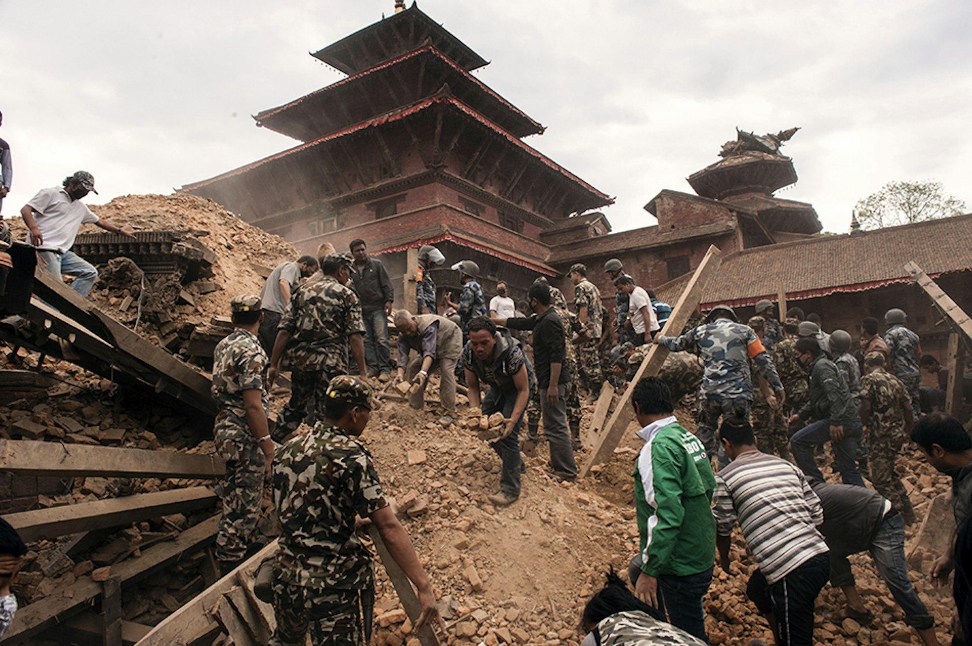 Rescue workers search wreckage in Kathmandu Durbar Square