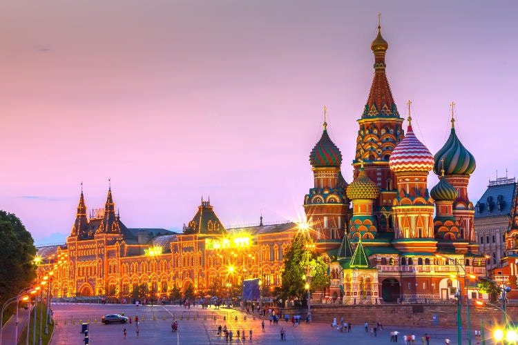 St Basil’s Cathedral and GUM shopping centre at twilight. Image by Kapuk Dodds / Getty Images