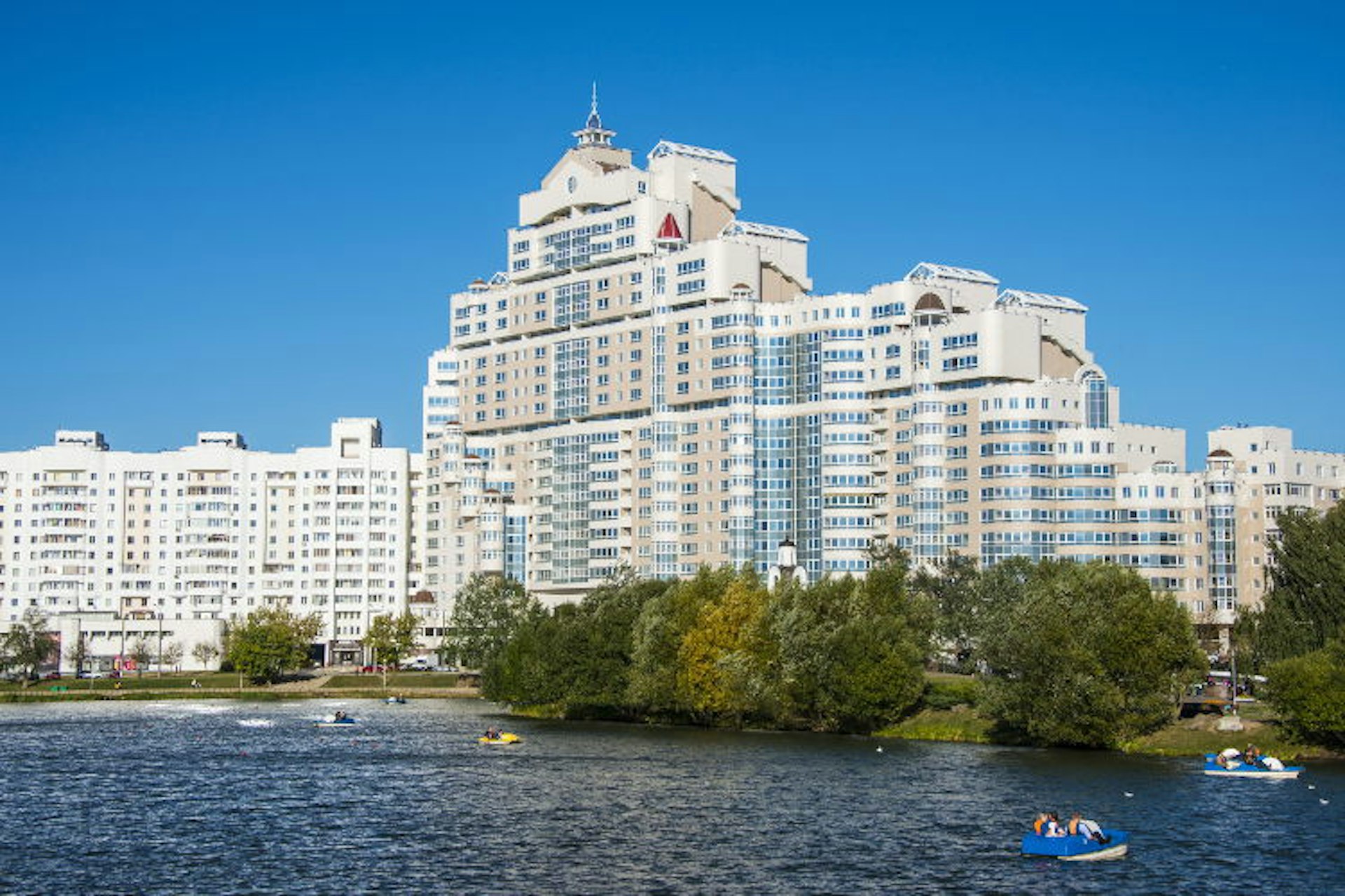 Apartment buildings along the Svislach River, Minsk, Belarus. Image by Michael Runkel / Robert Harding World Imagery / Getty Images