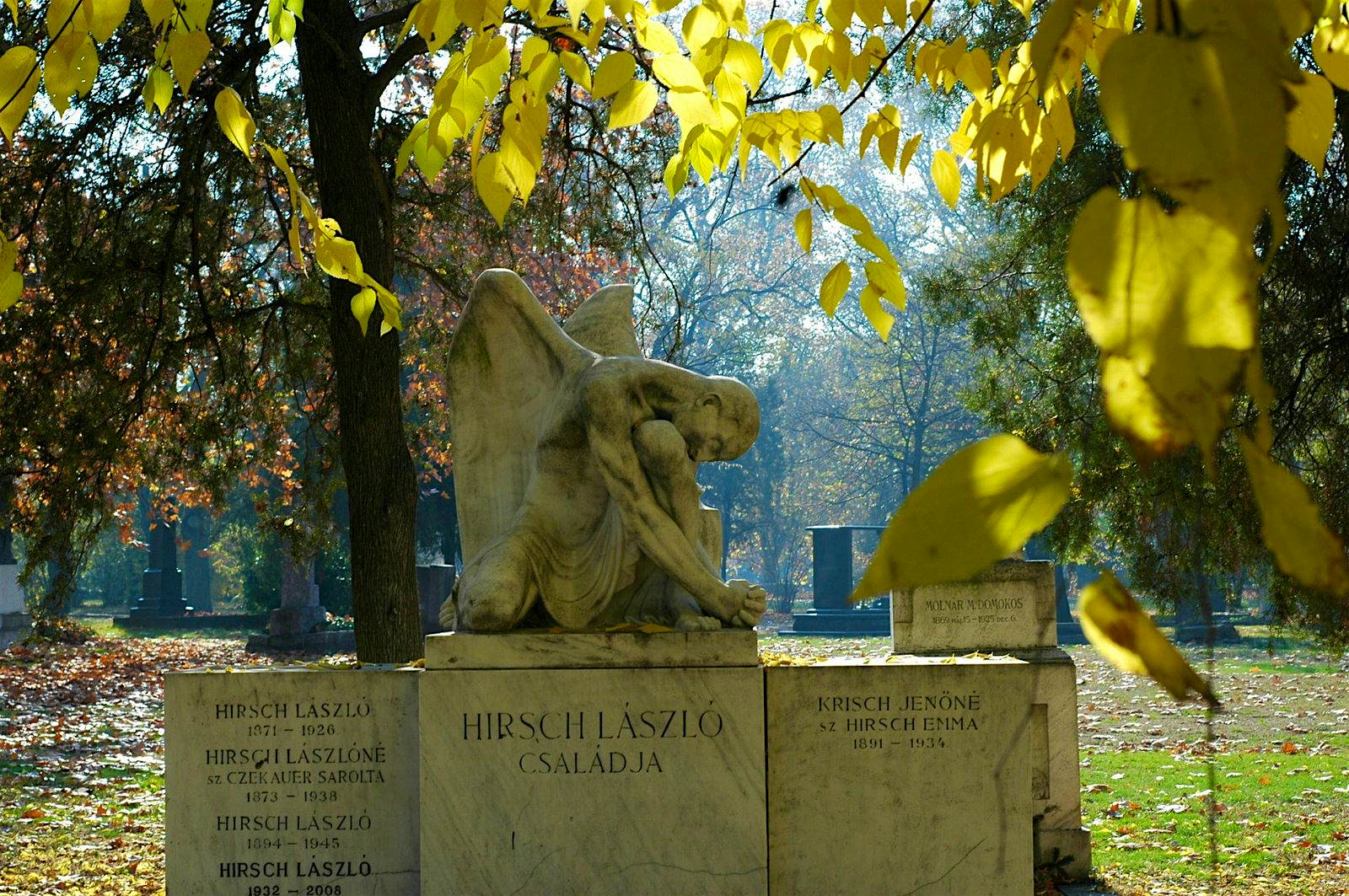 Statue of an angel atop a mausoleum in Kerepesi Cemetery, framed by the yellow leaves of surrounding trees