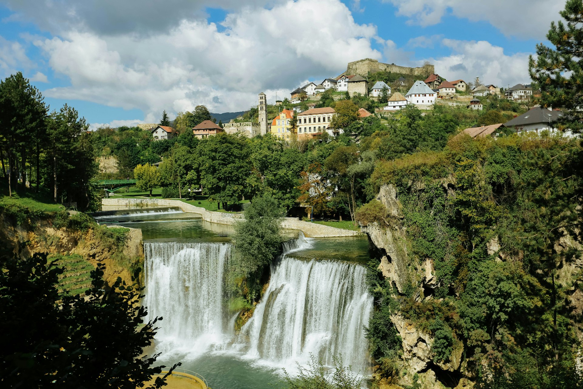 Jajce's castle and old town, above a 21m-high waterfall. Image by junlongyang / Getty