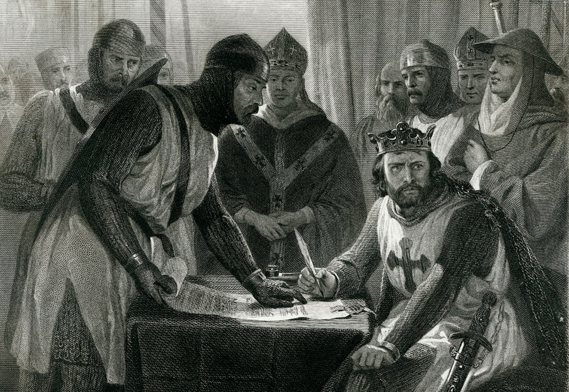 An 1873 engraving shows King John reluctantly signing the Magna Carta. Image by Traveller 1116 / Getty