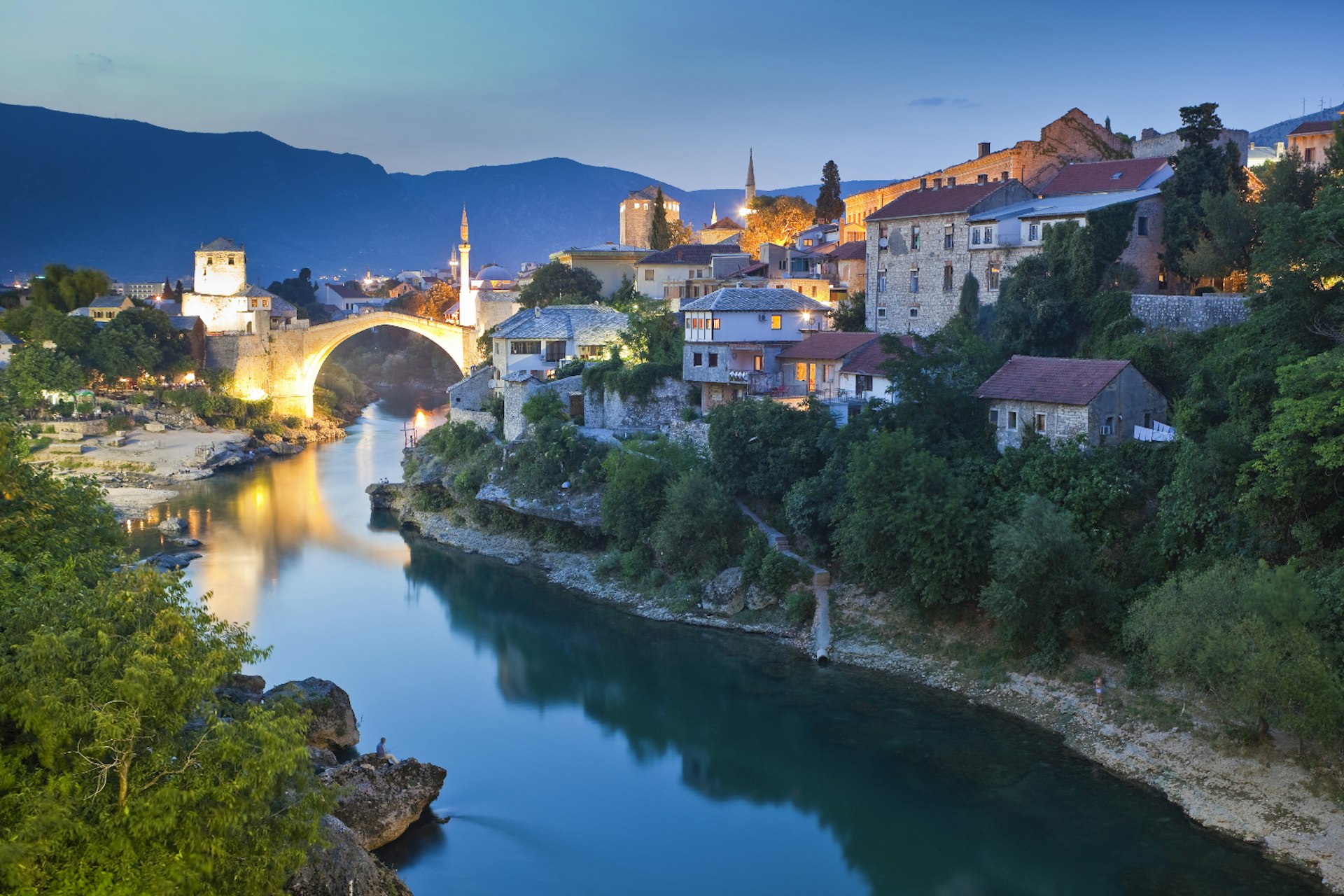 Mostar's Stari Most bridge at dusk