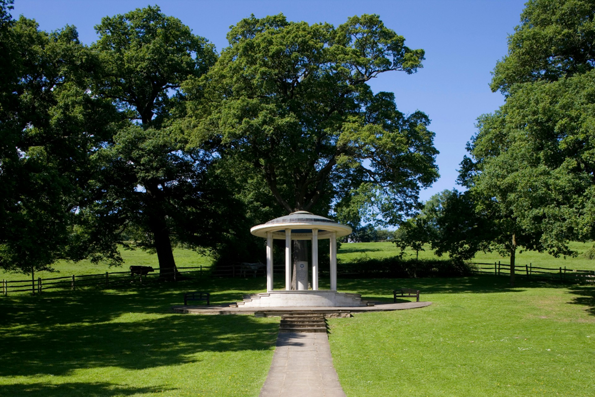 The neoclassical temple (funded by the American Bar Association) at Runnymede. Image by G Jackson / Getty